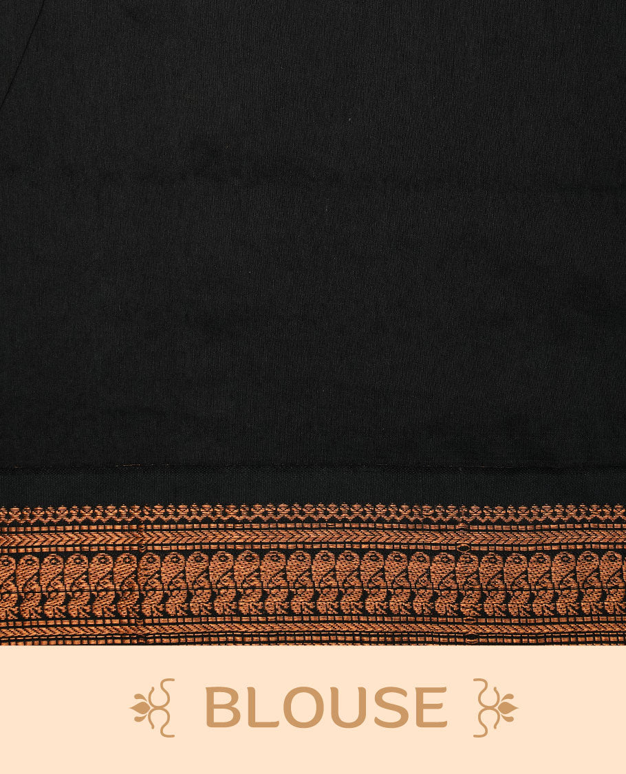 Orange colour kalyani cotton saree featuring antique zari motifs on body, complemented by black colour with Antique zari border, paired with matching blouse piece.