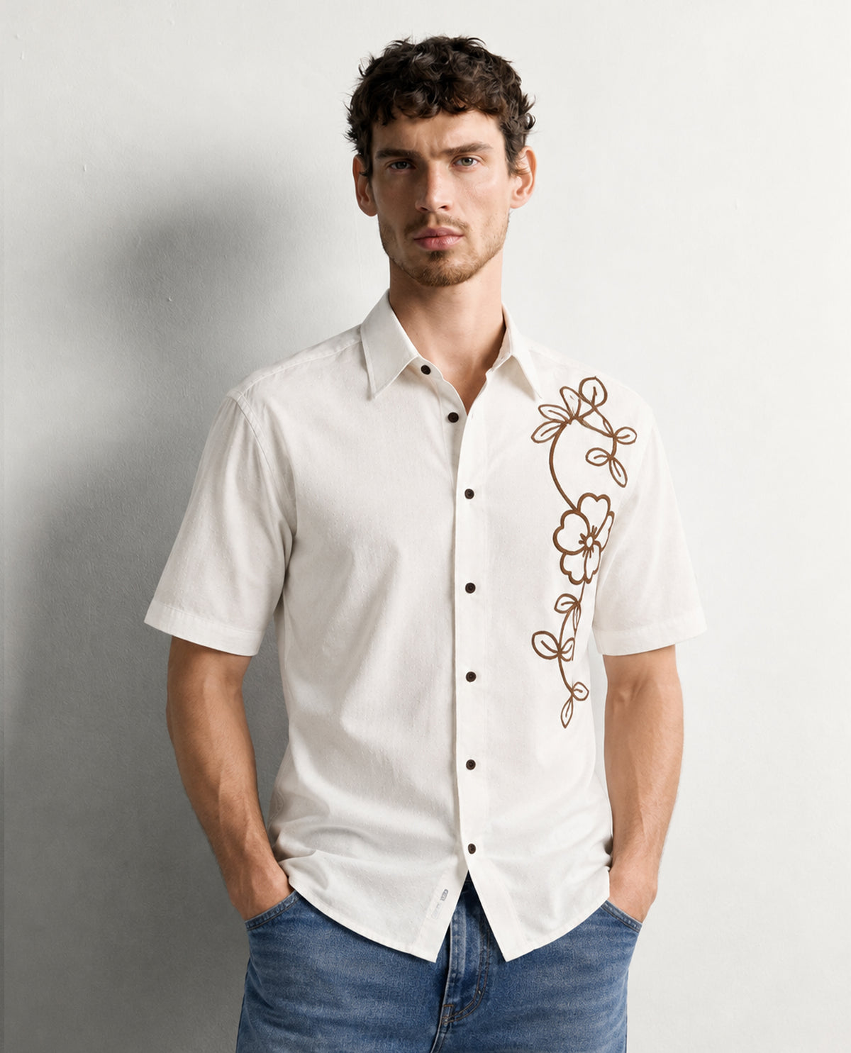 Cream colour shirt with Floral patterned body, Full sleeve.