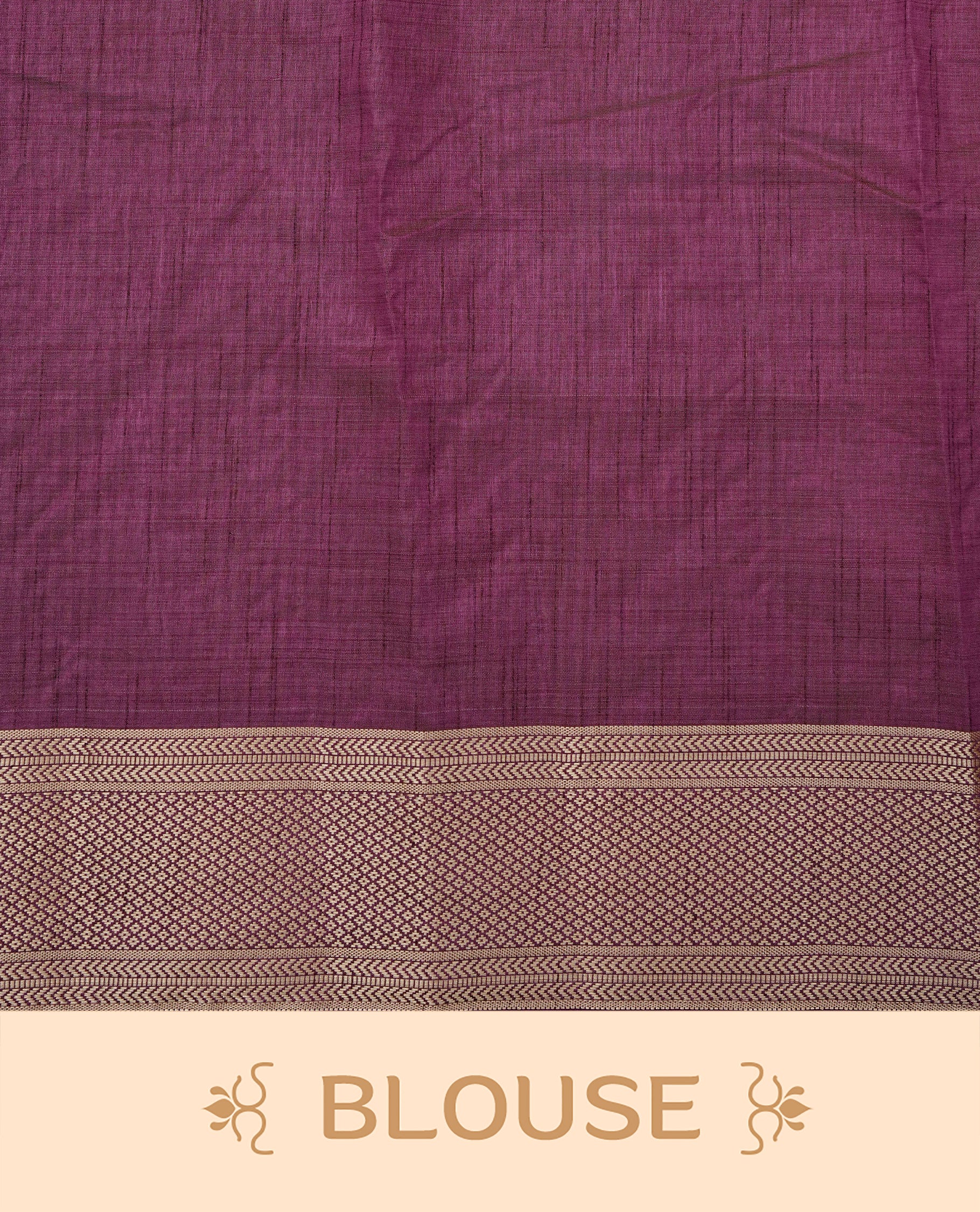 Light Gold Tussar saree featuring Gold zari buttas on body, complemented by contrast Purple Colour with Gold zari border, comes with matching blouse piece.