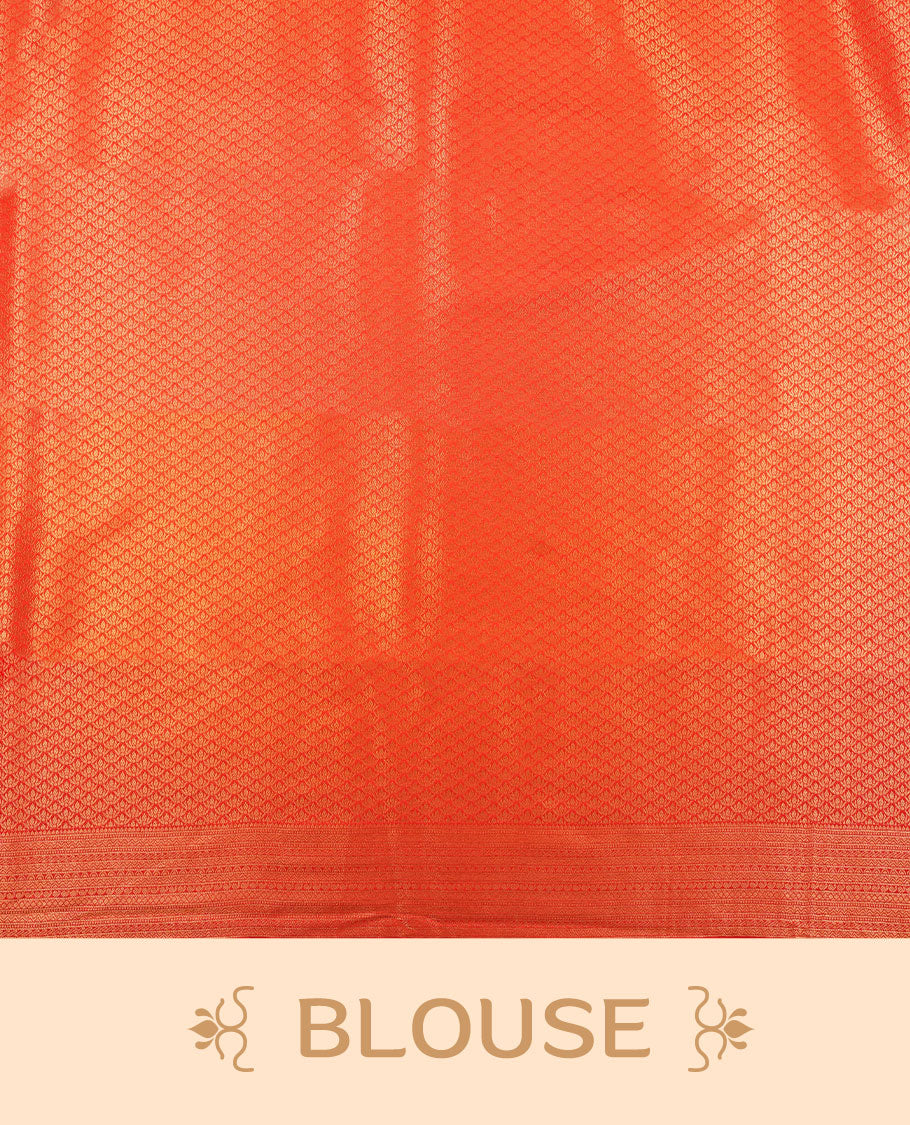 Orange colour semi silk brocade saree featuring intricate Gold Floral Square kodi patterns across the body, complemented by a contrast red colour woven border and pallu, paired with a matching blouse.
