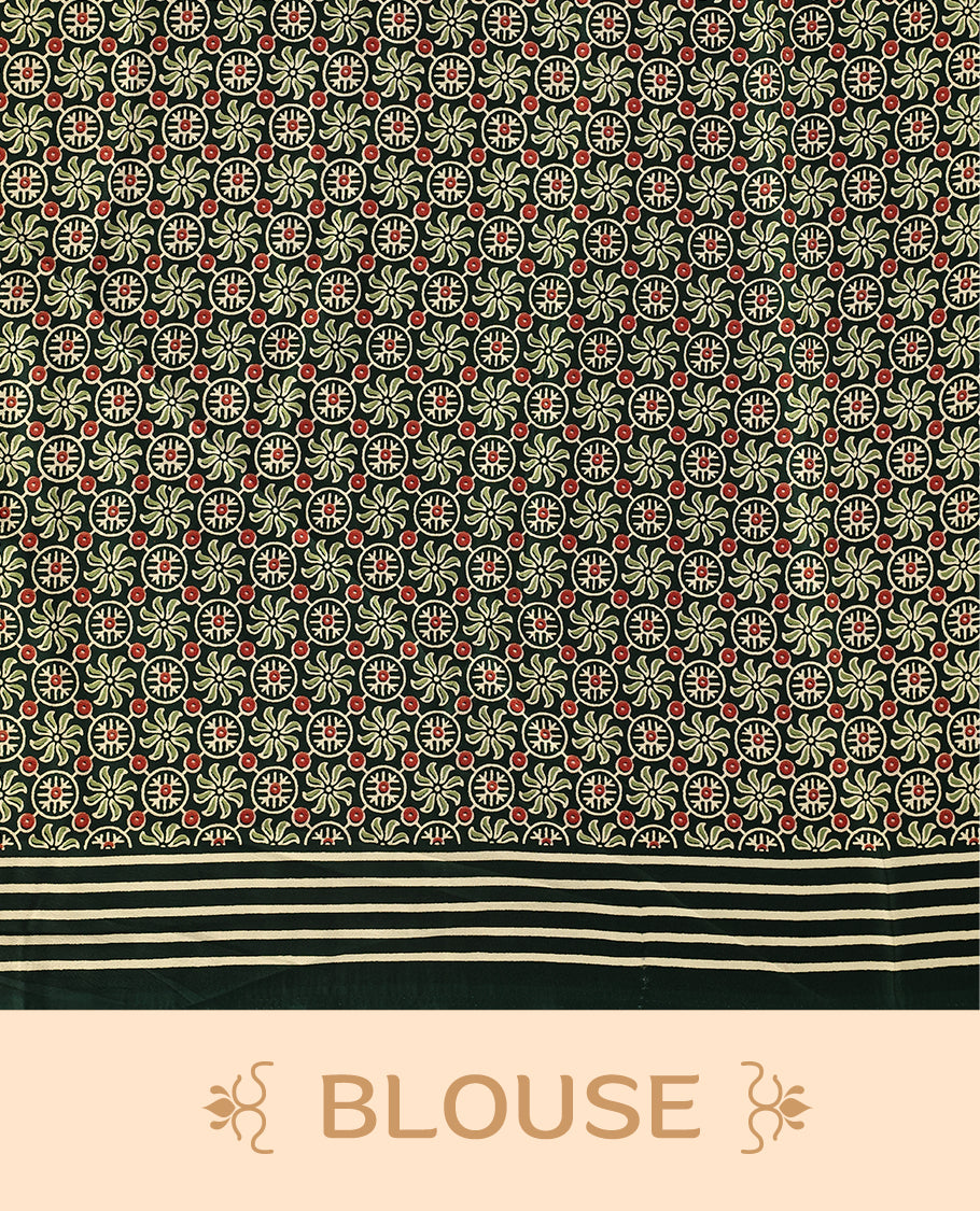 Deep green colour semi modal silk saree featuring elegant cream stripes across the body, complemented by a sleek self colour plain border, and paired with a matching blouse