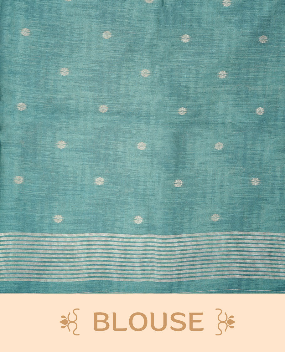 Pastel green colour semi tussar silk saree, featuring an intricate white dancing women motif on the body and pallu with gold zari , comes with matching blouse.