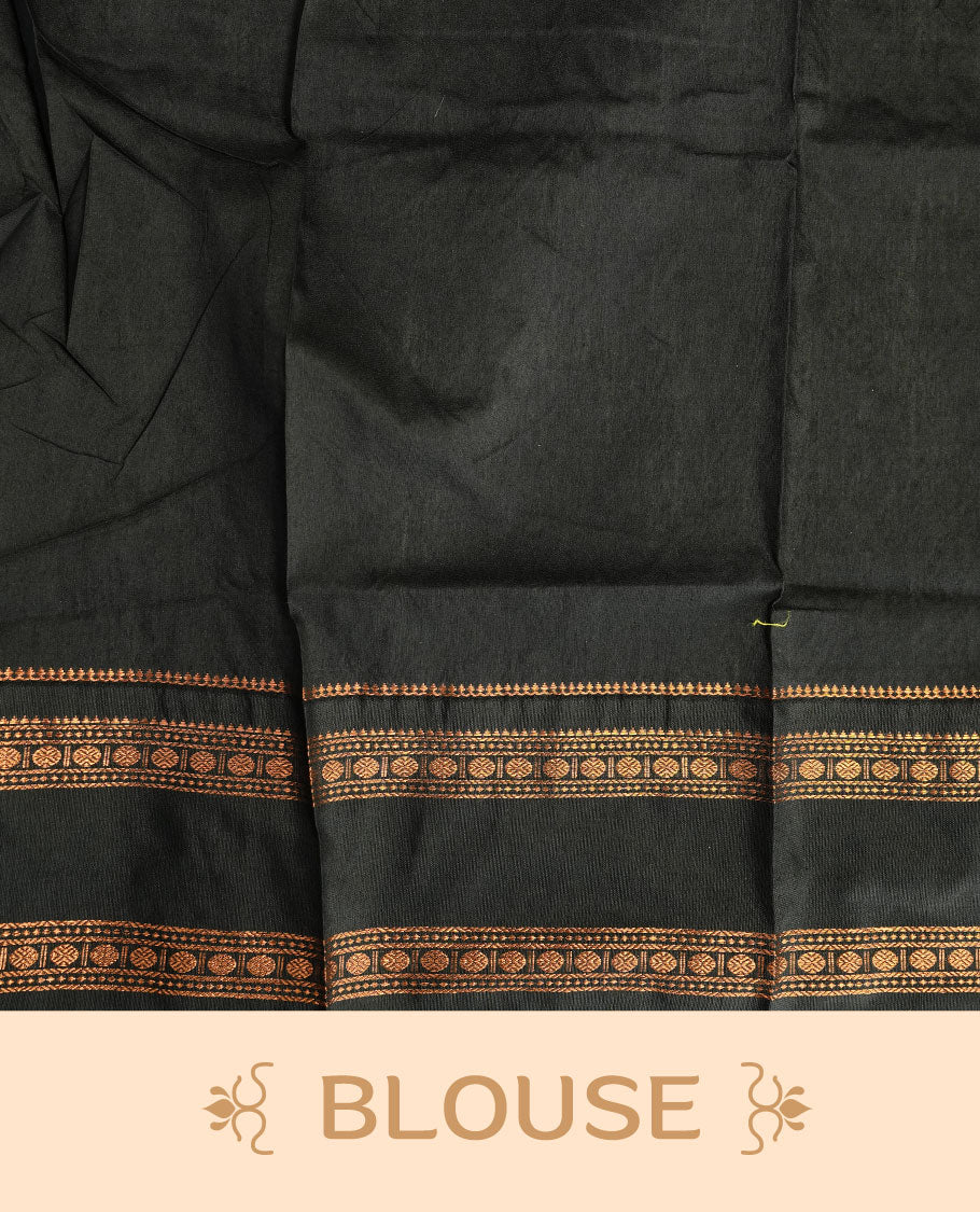Lemon colour kalyani cotton saree featuring Elegant plain body, complemented by black colour with Antique zari border, paired with matching blouse piece.