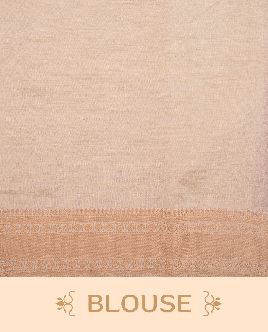 Dark Pink colour tussar saree featuring litte gold zari motifs on body, contrast cream colour border and pallu with zari woven design, comes with matching blouse piece.