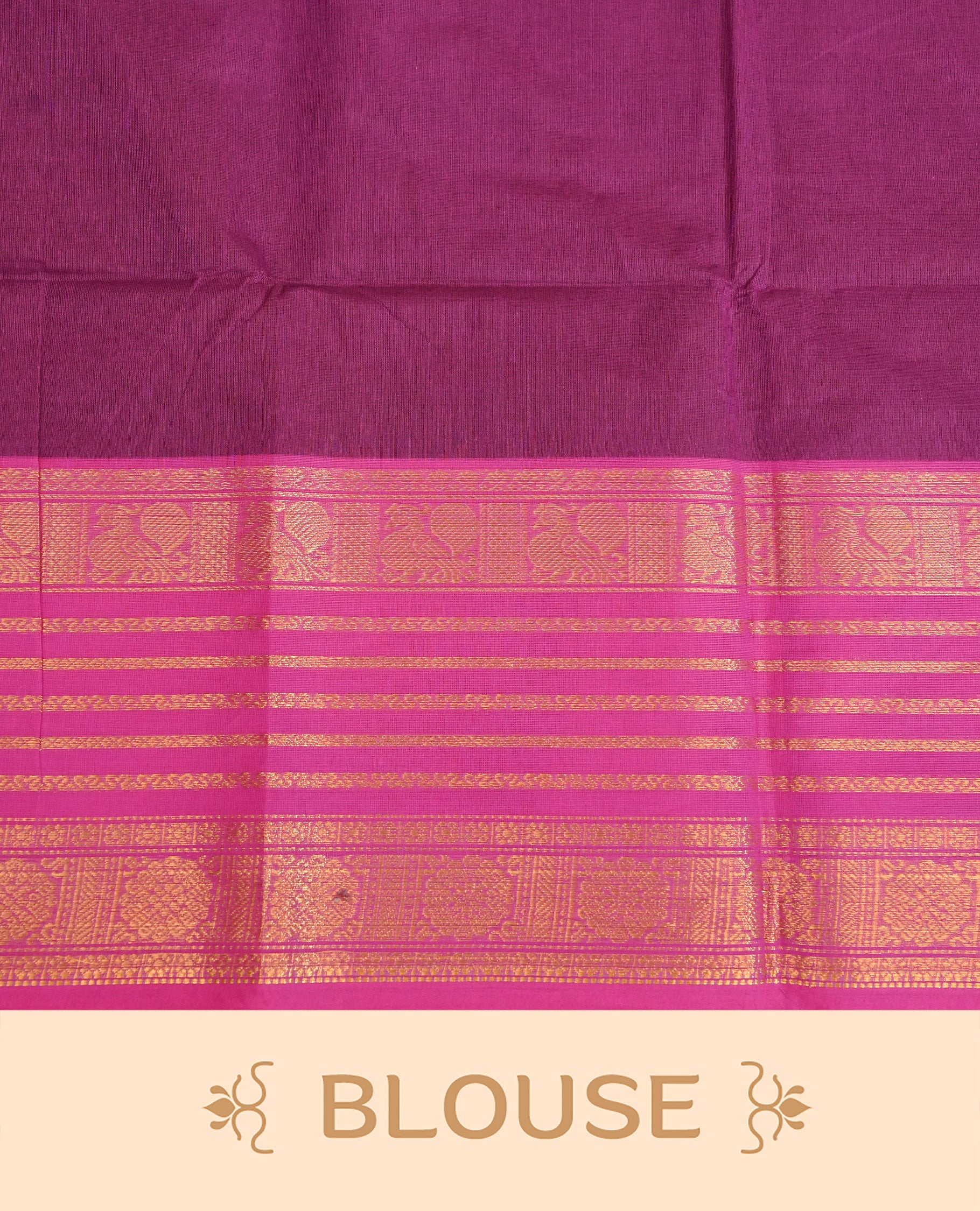 Purple colour chettinad cotton saree featuring Elegant plain body, complemented by contrast Magenta colour with gold zari strip & peacock border, comes with matching blouse piece.