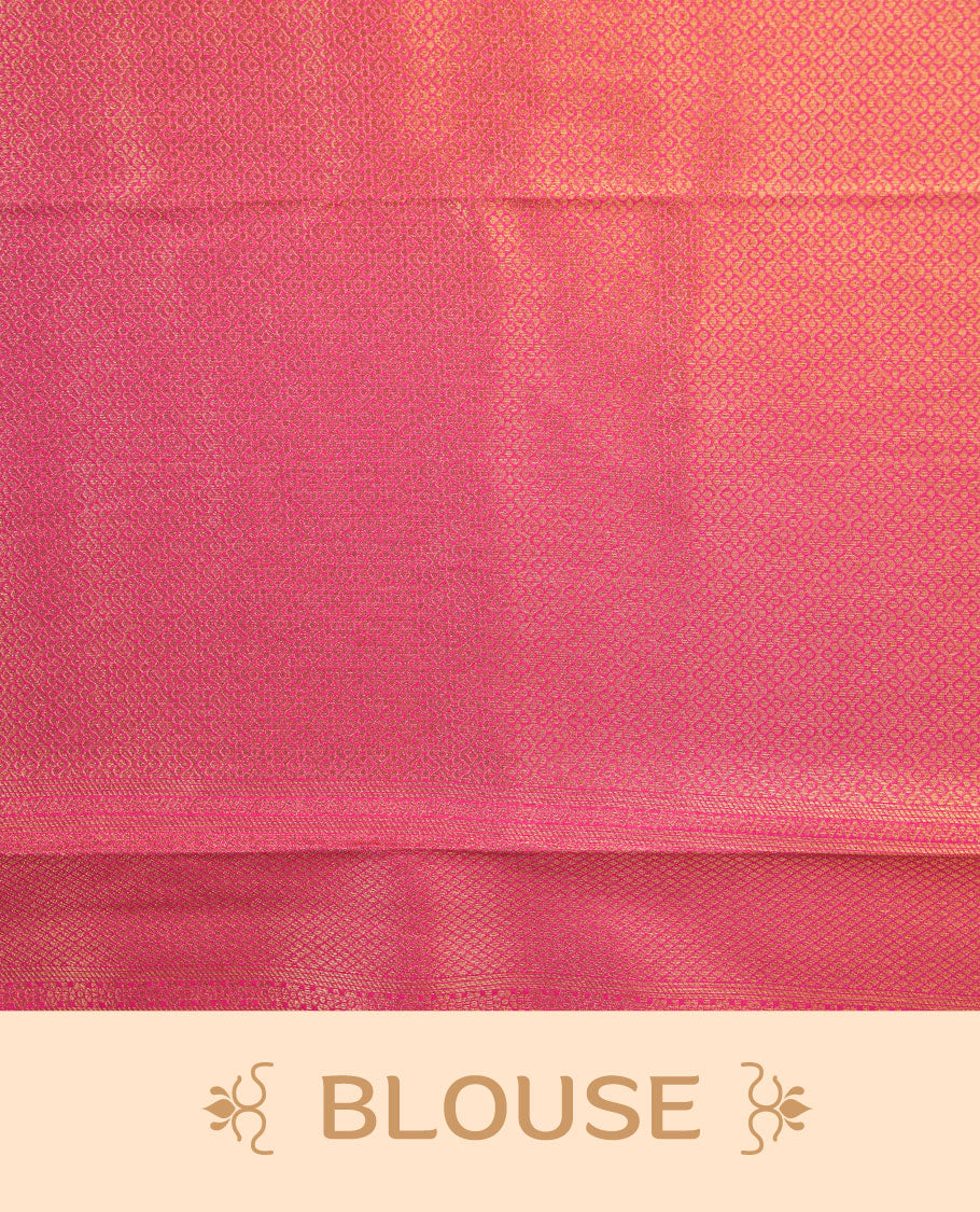 Rani pink colour semi soft silk brocade saree featuring delicate gold brocade patterns on the body, highlighted with a self-colour woven border and pallu, paired with a matching blouse piece.