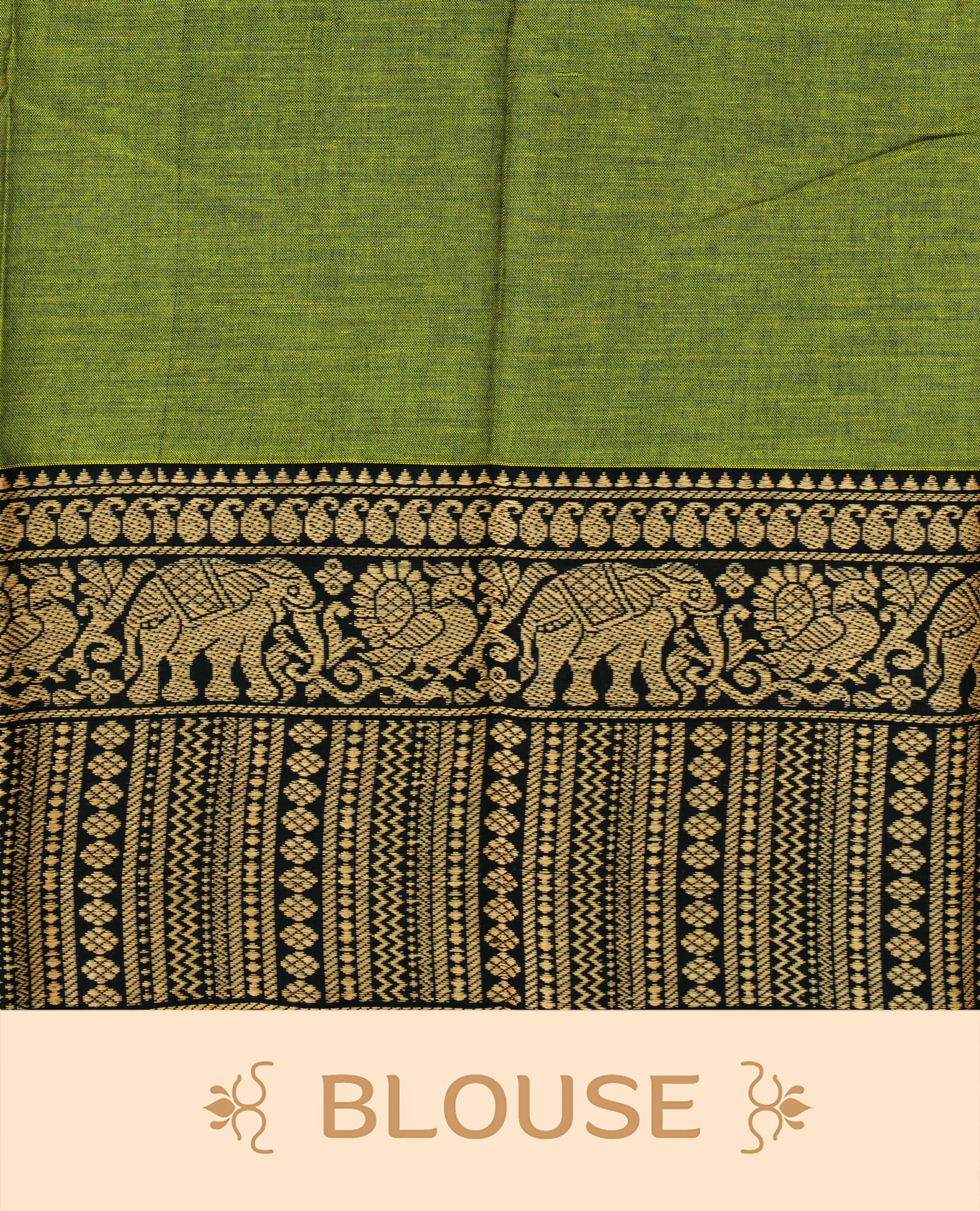 Green colour Narayanapett cotton saree Featuring Elegant plain Body, complemented by Contrast Black colour with cream zari border, paired with matching blouse piece.