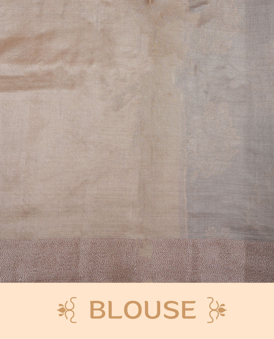 Purple colour pure banaras tusser silk saree highlighting antique zari pattern across body, with contrast cream colour with zari border and paired with matching blouse