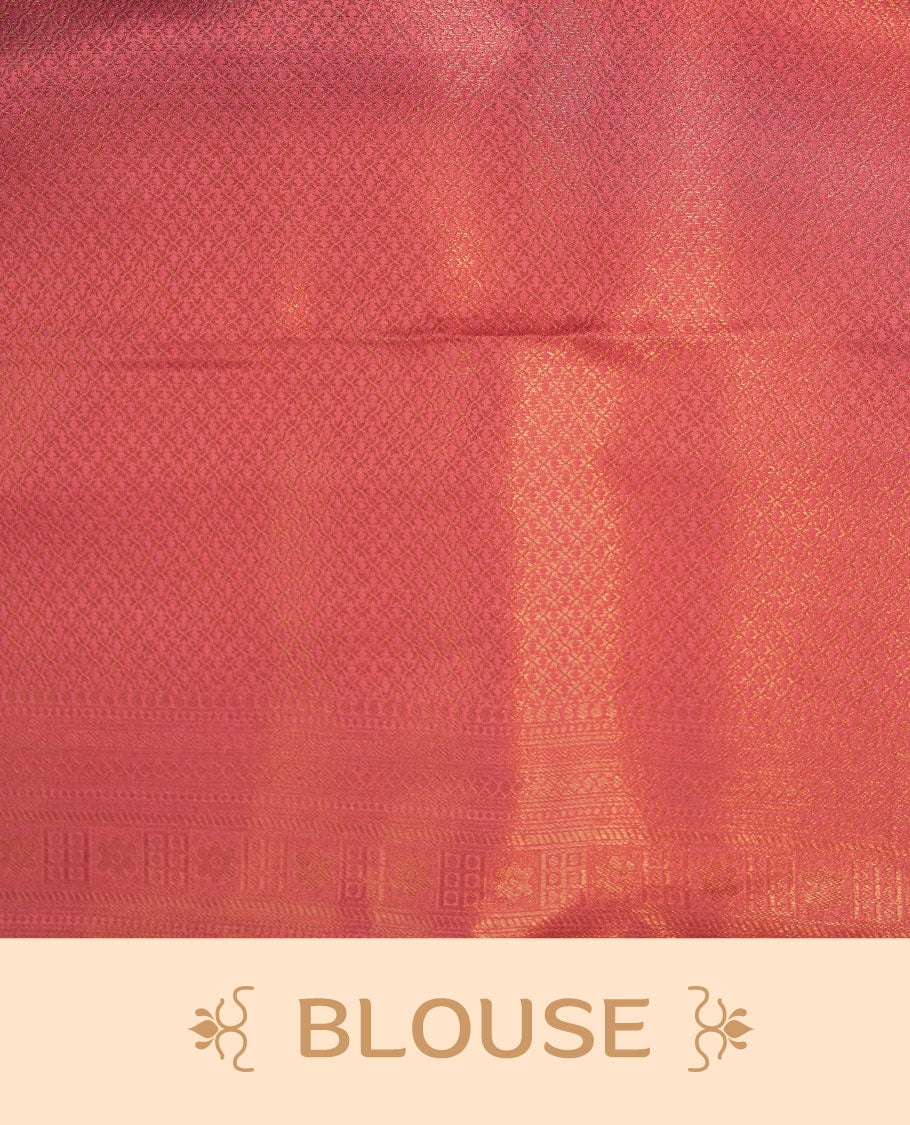 Peachish Pink colour semi soft silk brocade saree featuring delicate floral woven motifs across the body, finished with an intricately detailed traditional pallu and a matching blouse.