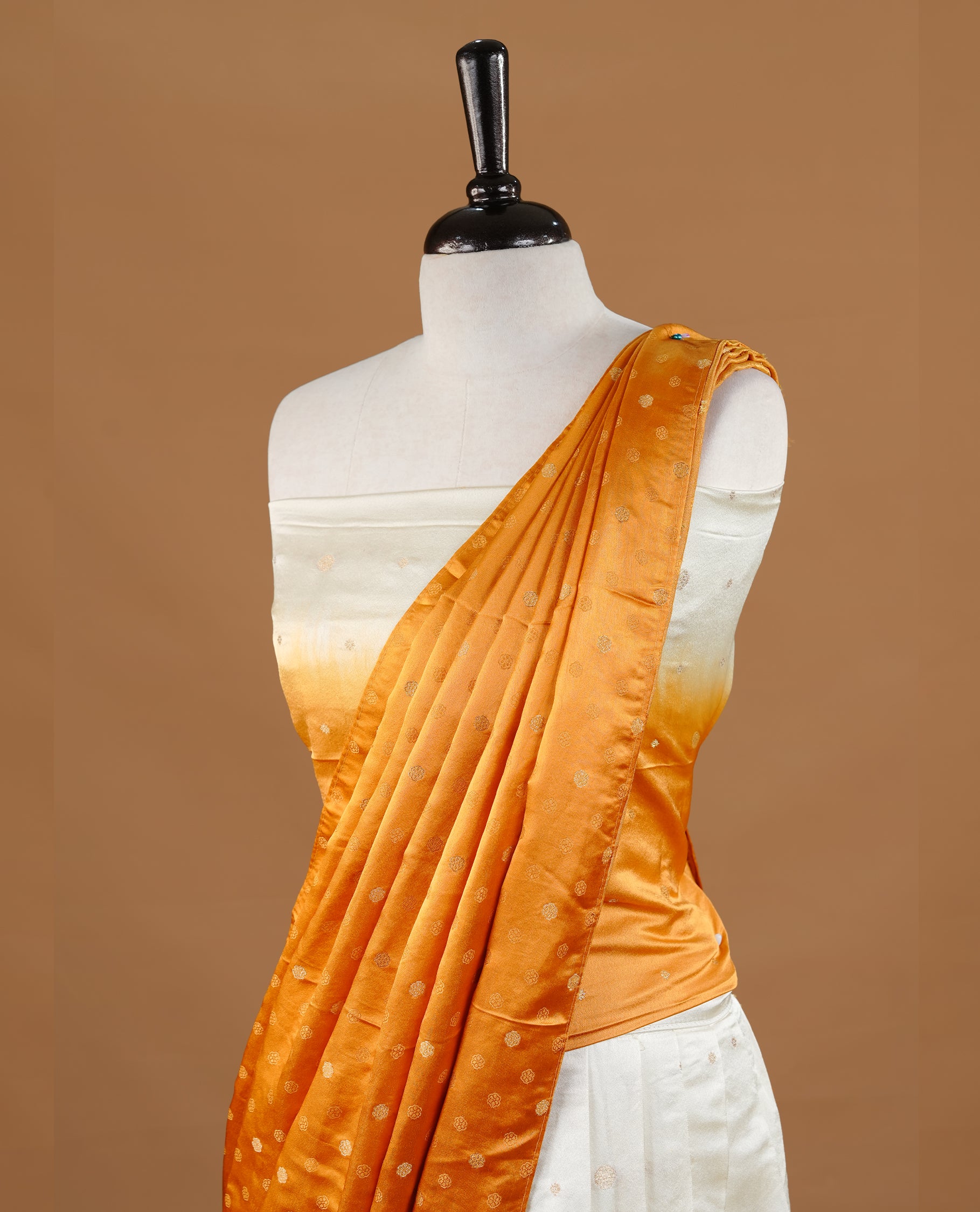 Off White colour half saree material featuring delicate zari buttas on the blouse and skirt, paired with a contrast Mustard zari border and matching zari motifs dupatta