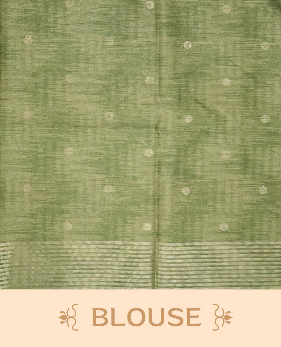 Green colour semi tussar silk saree, featuring an intricate white dancing women motif on the body and pallu with gold zari , comes with matching blouse.