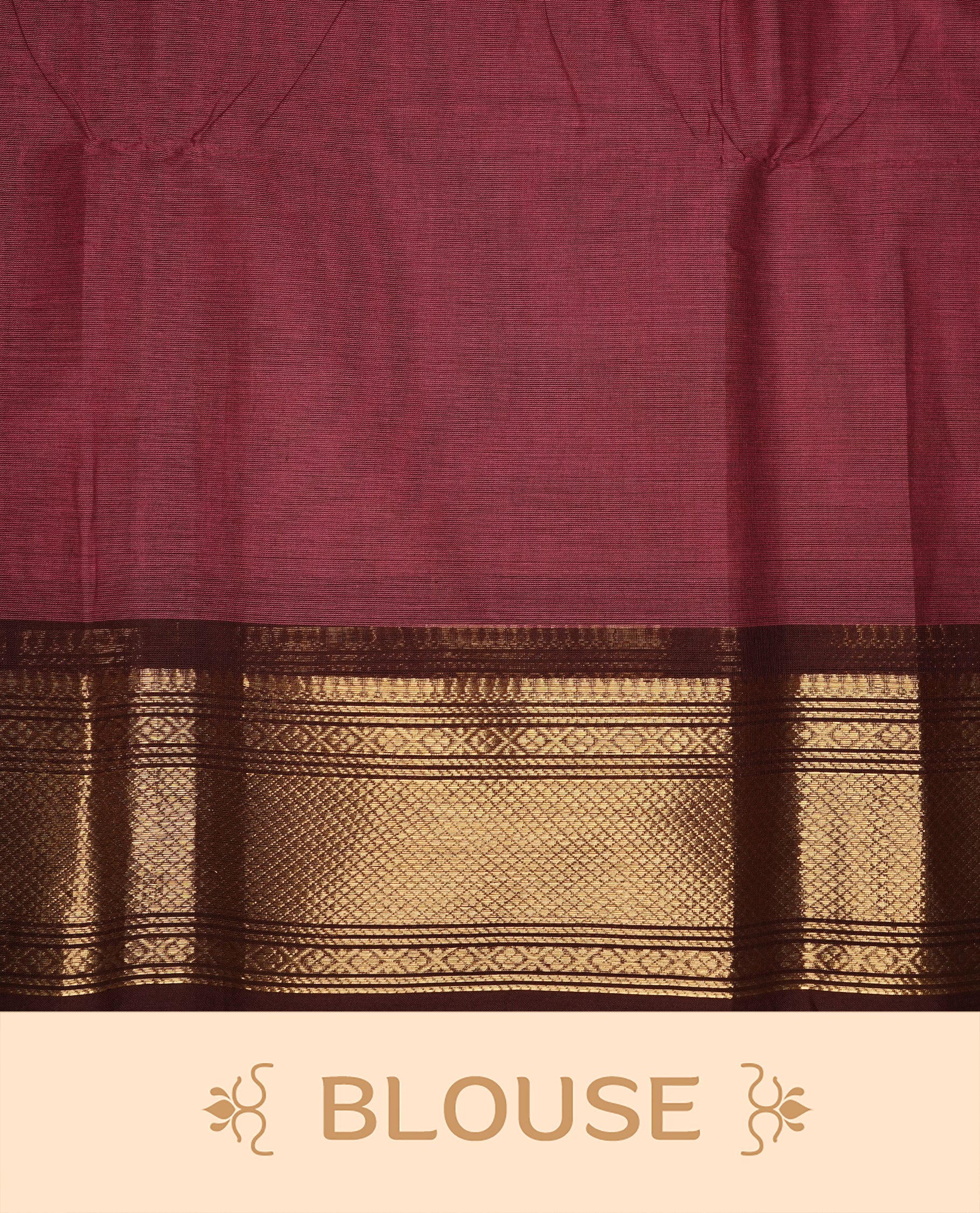 Mauve colour Chettinad cotton saree featuring Gold zari motifs body, complemented by contrast Chocolate Brown colour with gold zari border, paired with matching blouse piece.