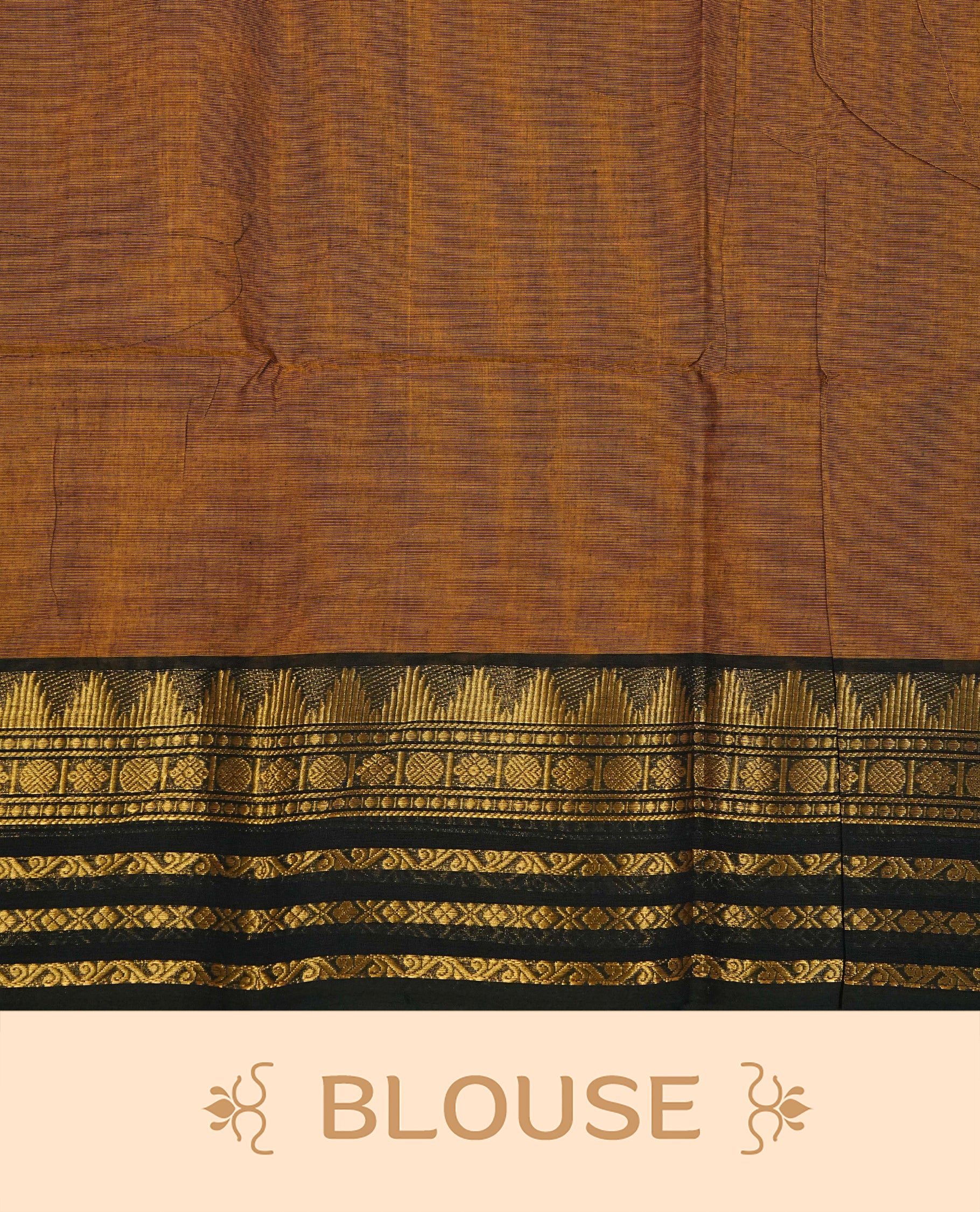 Mustard colour chettinad cotton saree featuring elegant plain body, complemented by contrast Black colour with gold zari border, comes with matching blouse piece.
