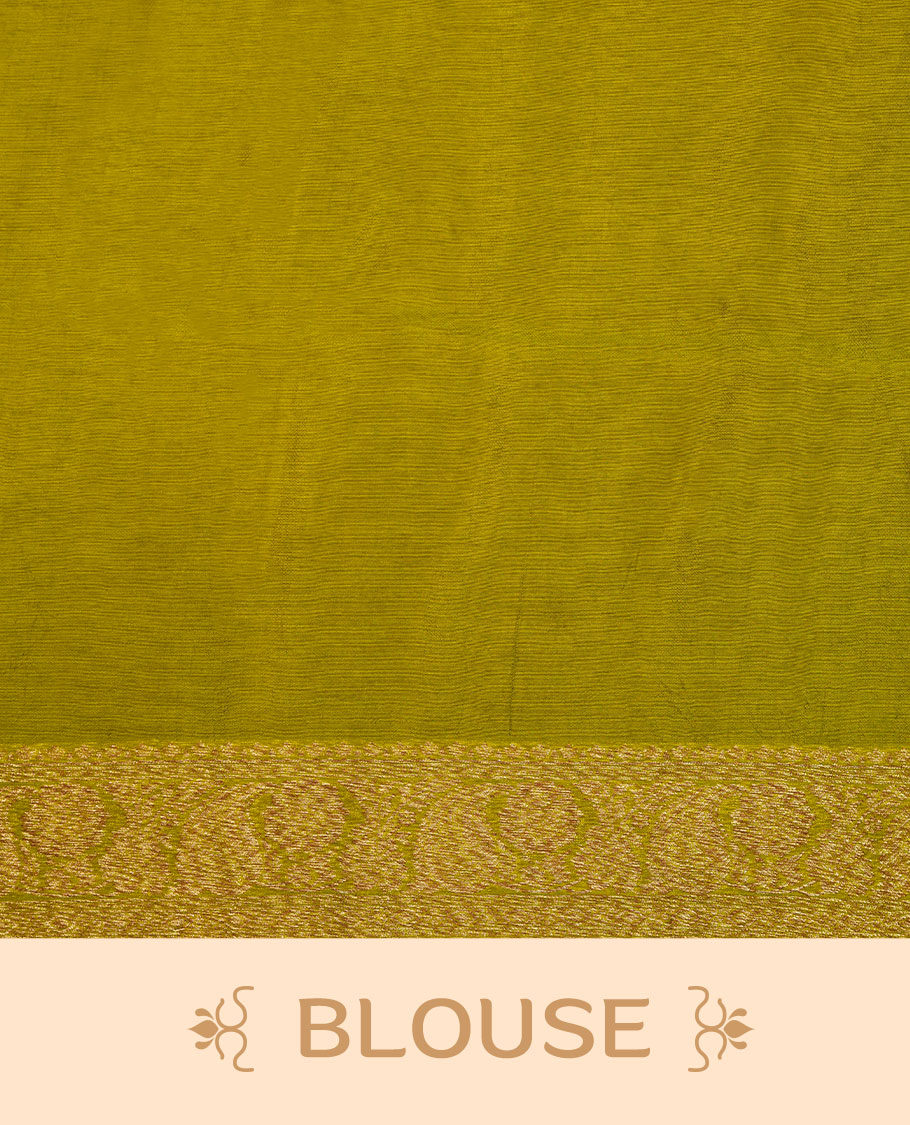 Olive colour semi Banaras saree with gold zari buta motifs, finished with a traditional gold zari border and pallu, paired with a matching blouse.