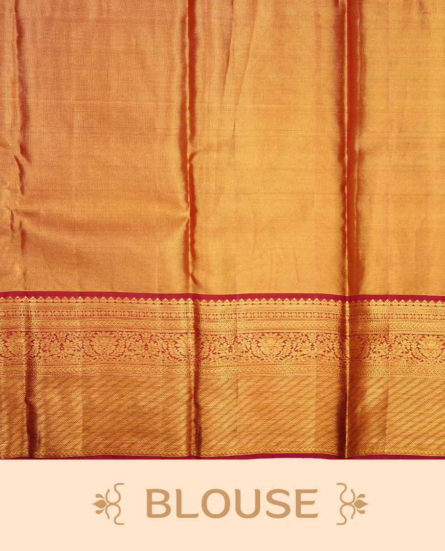 Gold & Maroon double shade colour kancheepuram tissue silk saree featuring gold zari floral kodi pattern on body, complemented by contrast maroon colour with traditional border, paired with matching blouse piece.