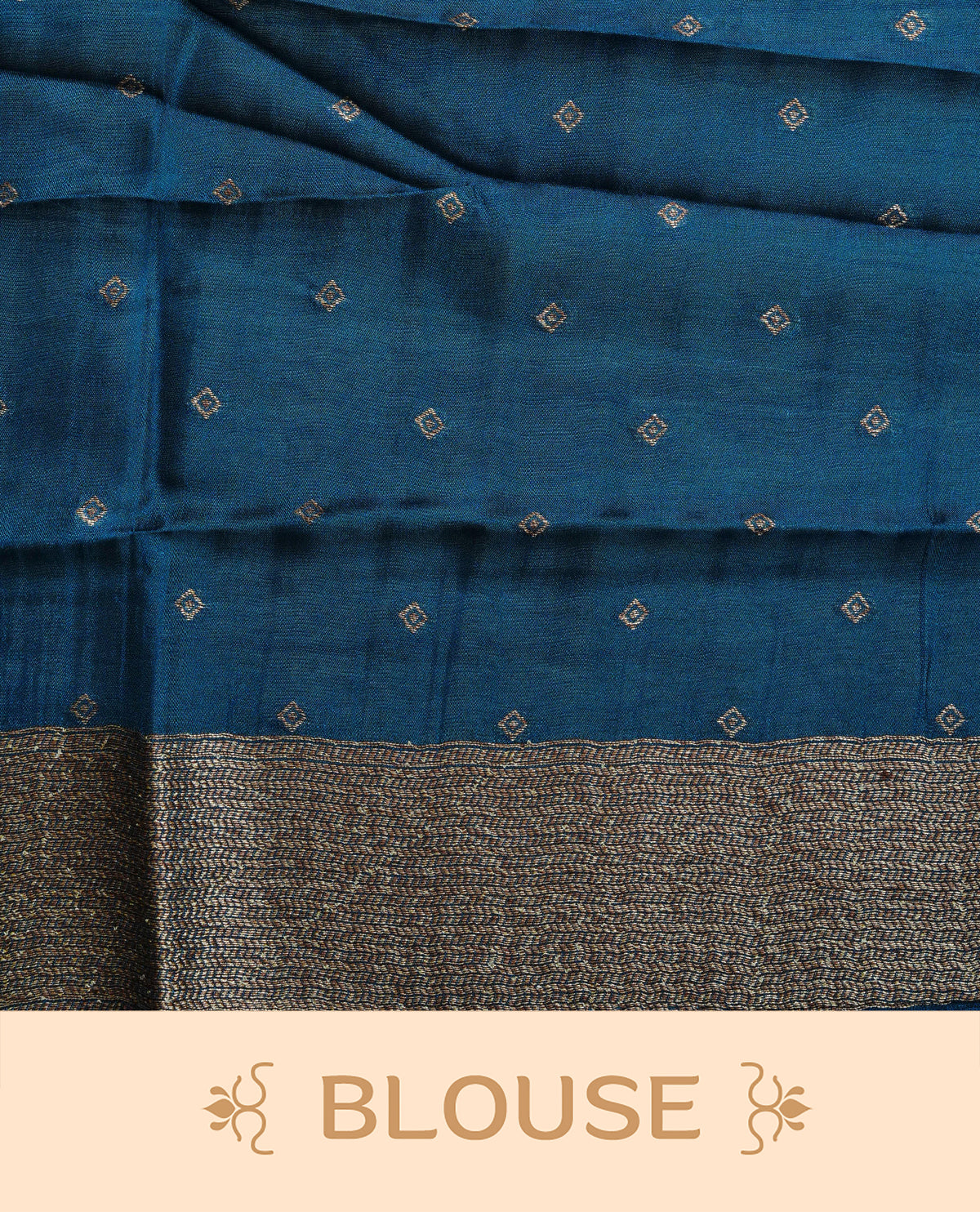 Teal colour semi banaras tussar georgette saree featuring gold zari pattern on body, finished with gold zari temple border and paired with matching blouse piece.