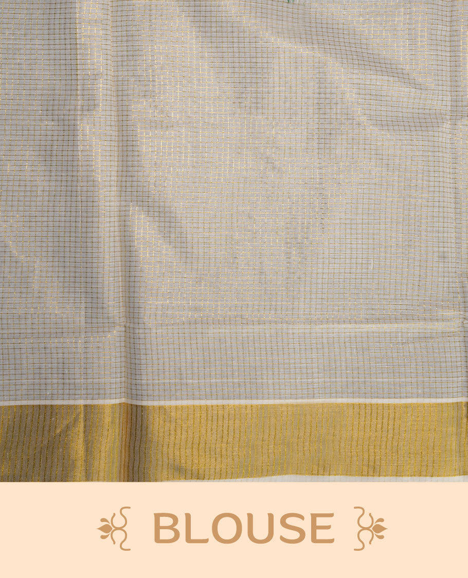 Off white color kerala cotton saree featuring gold zari check on body, complemented by, gold zari with peacock leaf printed border, paired with matching blouse piece.