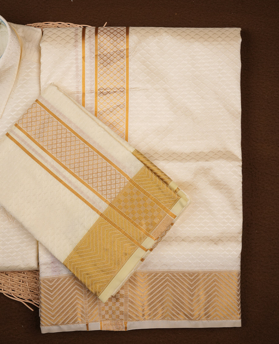 Cream gold colour MINISTER WHITE shirt paired with a matching dhoti, finishing with a gold border