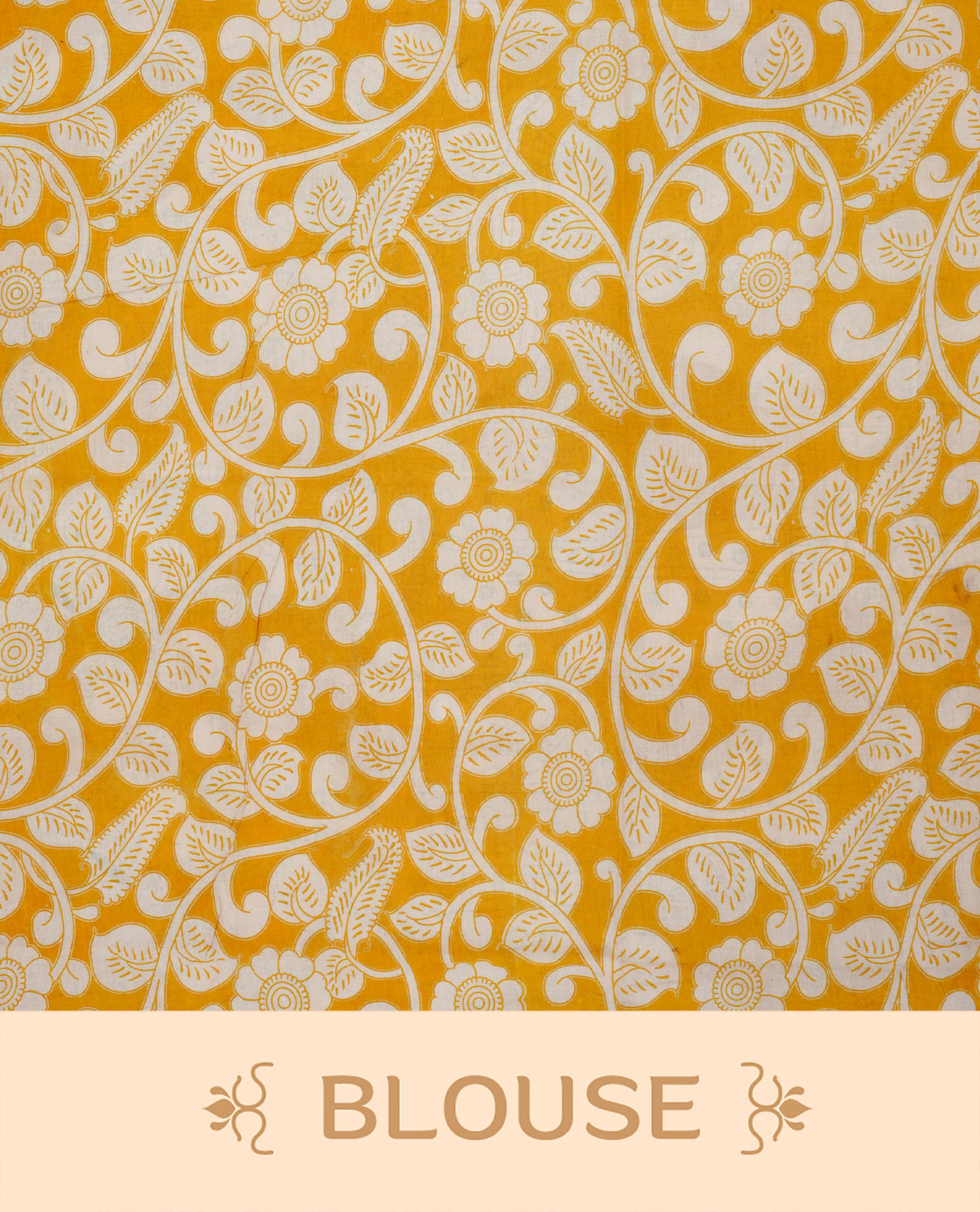 Cream , mustard yellow & red colour kalamkari cotton saree featuring kalamkari printed body & pallu, paired with a matching  contrast blouse piece.