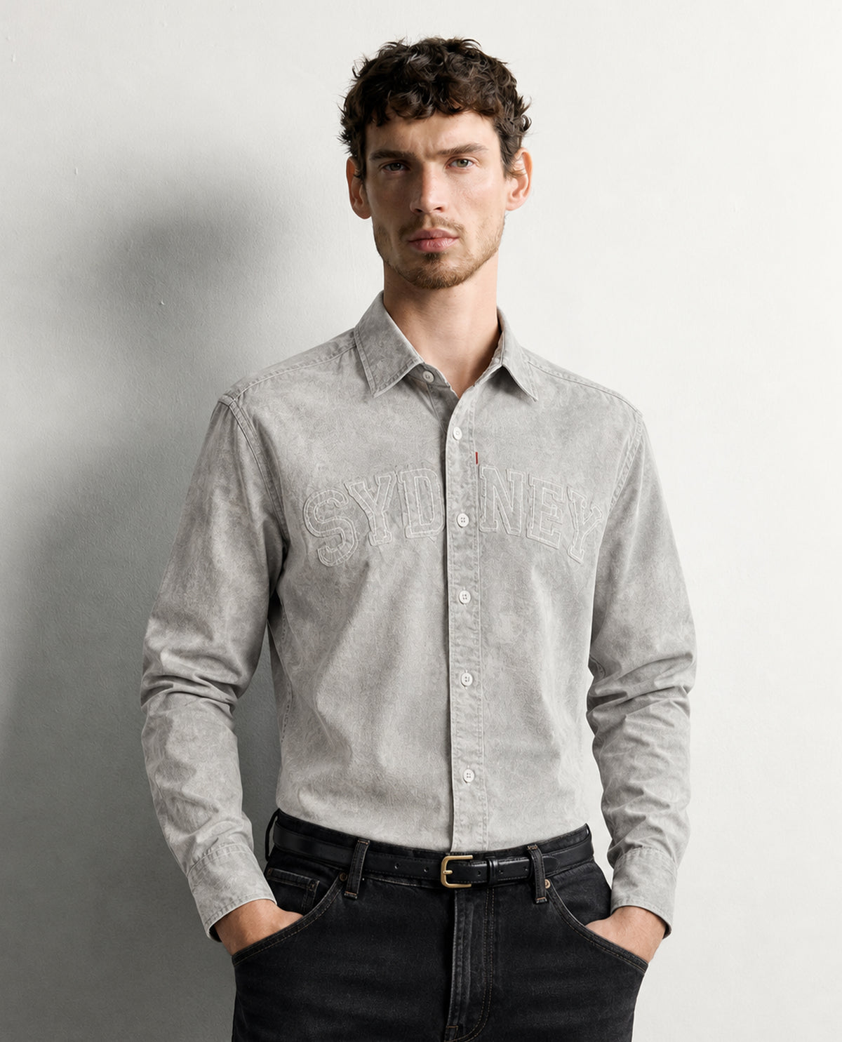 Grey colour shirt denim style with patterned body, Full sleeve.