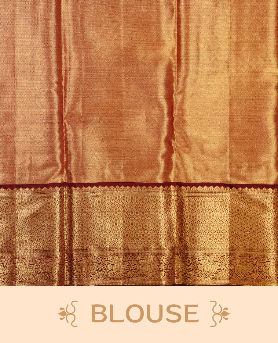 Gold & chocolate double shade colour kancheepuram tissue silk saree featuring gold zari floral kodi pattern on body, complemented by contrast maroon colour with traditional border, paired with matching blouse piece.