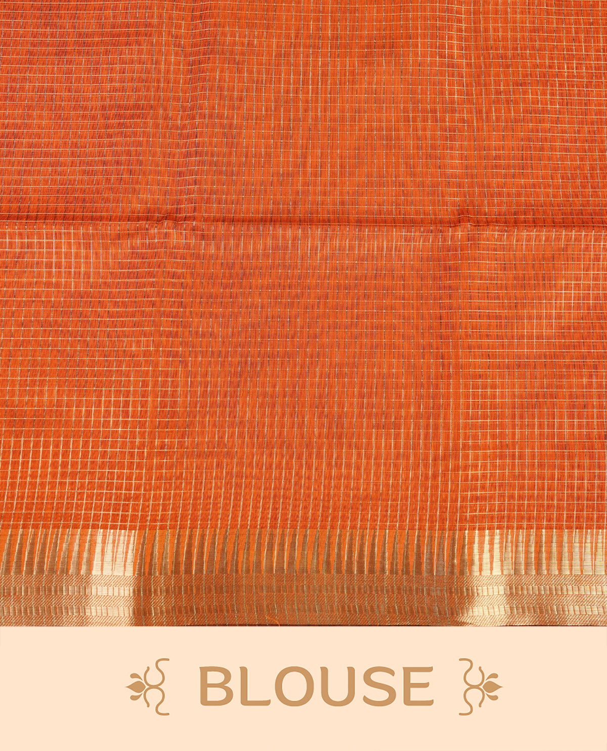 Rust orange colour Maheshwari cotton saree, gold zari small checks on body, complement self colour gold zari temple design border comes with matching blouse.