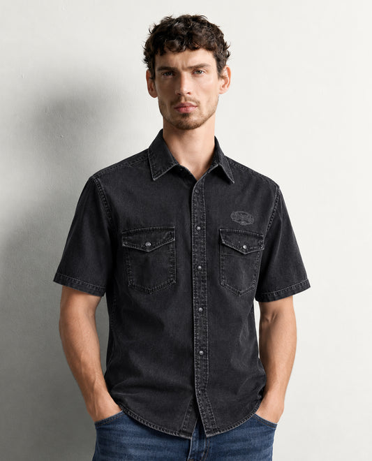 Black colour shirt denim style with Pockets on body, Half sleeve.