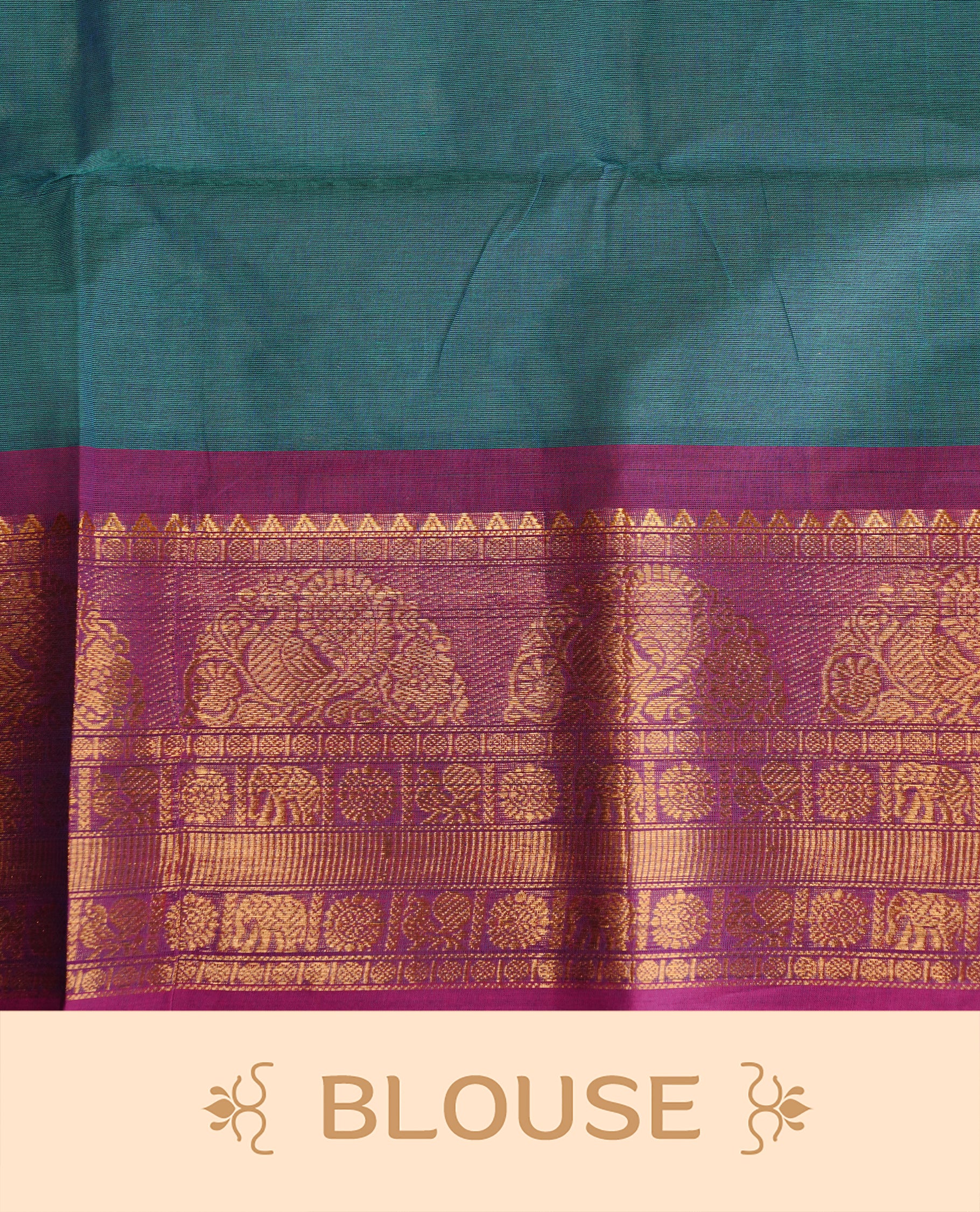 Teal colour Chettinad cotton saree featuring motifs on body , complemented by contrast Magenta colour with zari border, comes with matching blouse piece.