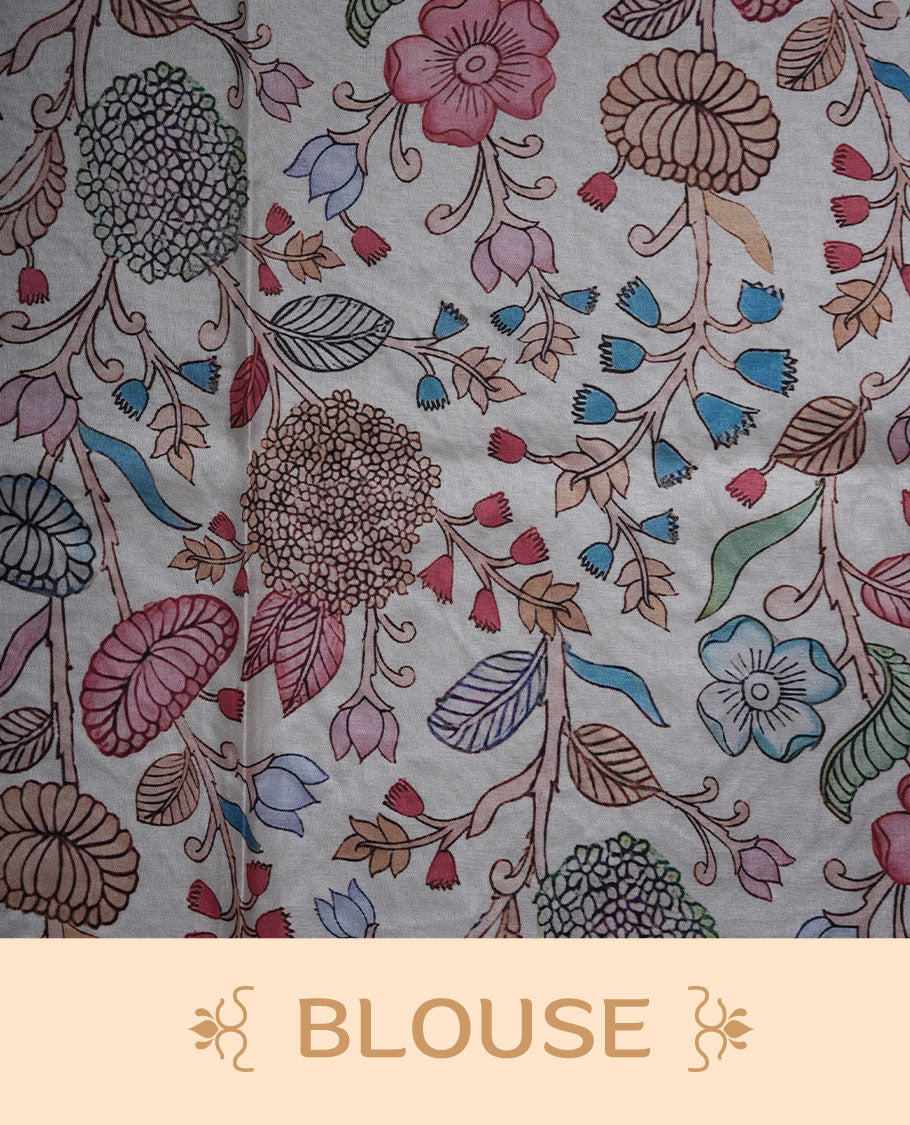 Grey colour organza saree featuring multicolour floral and bird printed motifs on the pallu with a subtle fine border, paired with a matching printed blouse.