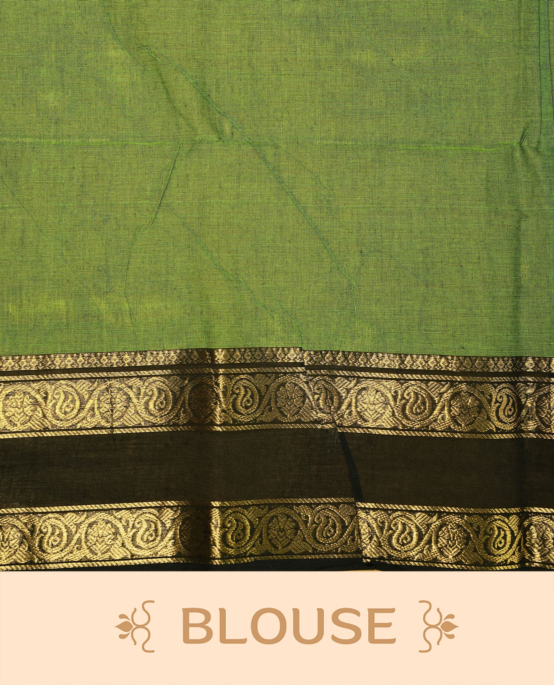 Green colour Chettinad cotton saree featuring motifs on body , complemented by contrast Black colour with zari border, comes with matching blouse piece.