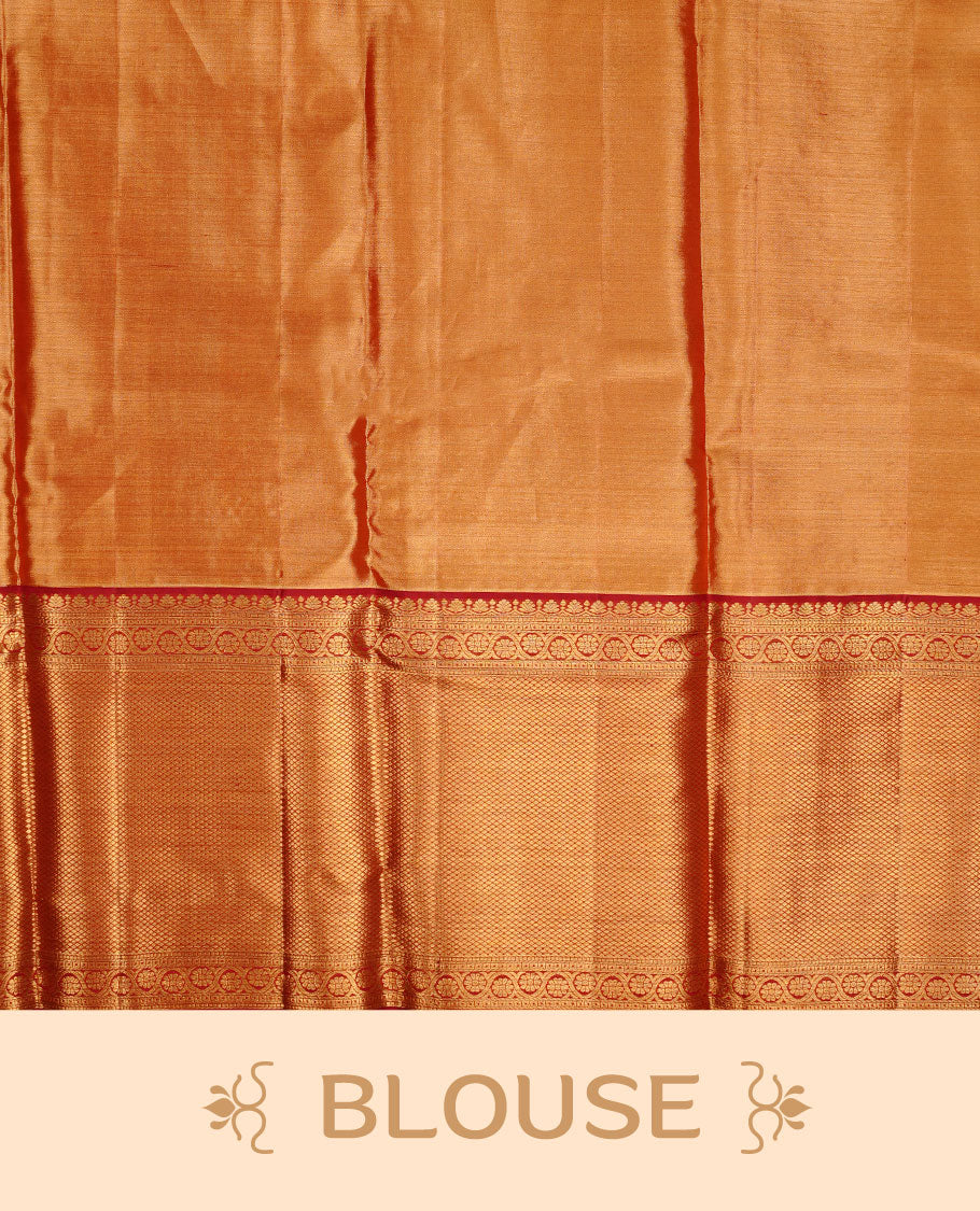 Gold & Maroon double shade colour  kancheepuram tissue silk saree featuring gold zari floral kodi pattern on body, complemented by contrast maroon colour with traditional border, paired with matching blouse piece.