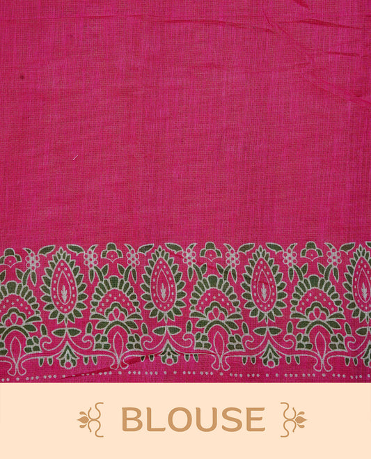 Off White colour Semi Linen Saree Featuring Elegant Floral Print on body, Contrast Pink Colour Border, Minimal Floral print Pallu, Unique Tassel Detailing For Festive Vibe, Contrast Colour Blouse piece.