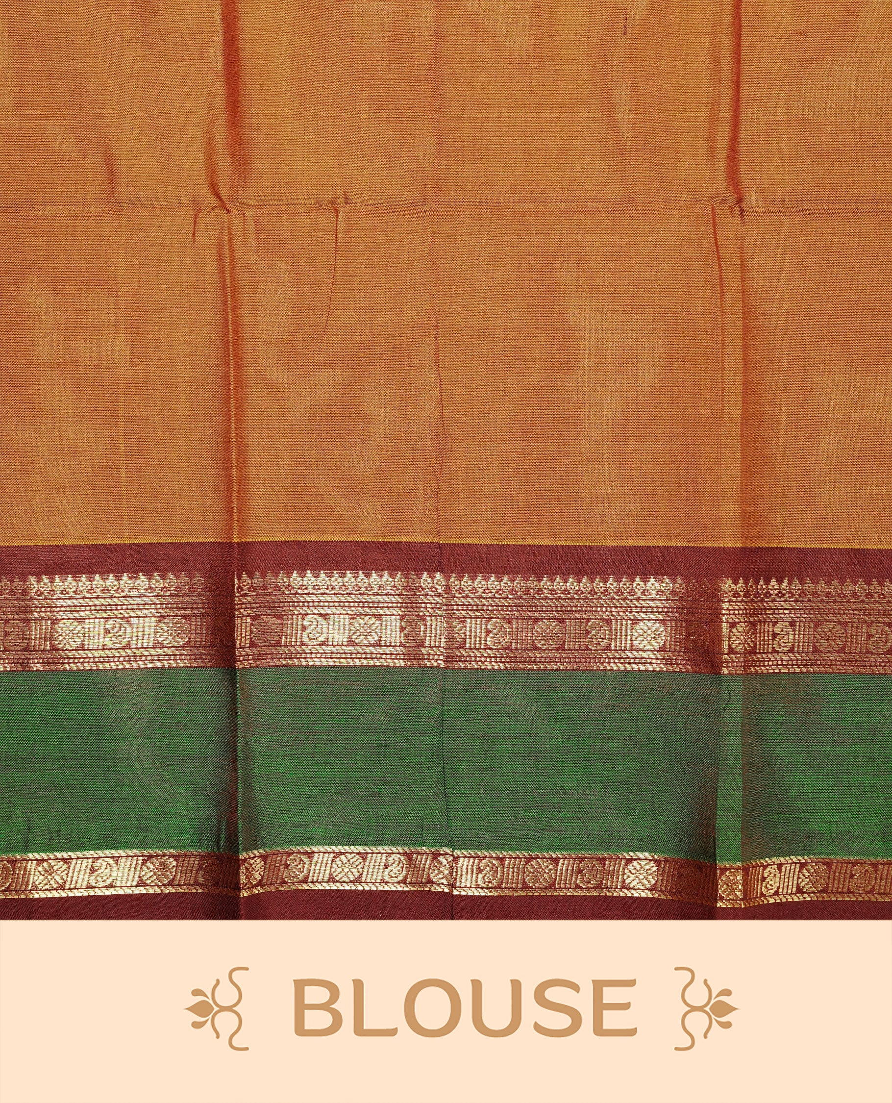 Mustard Olive Colour Chettinad cotton saree featuring Gold zari motifs on body , complemented by contrast Chocolate & Green colour with traditional border, comes with matching blouse piece.