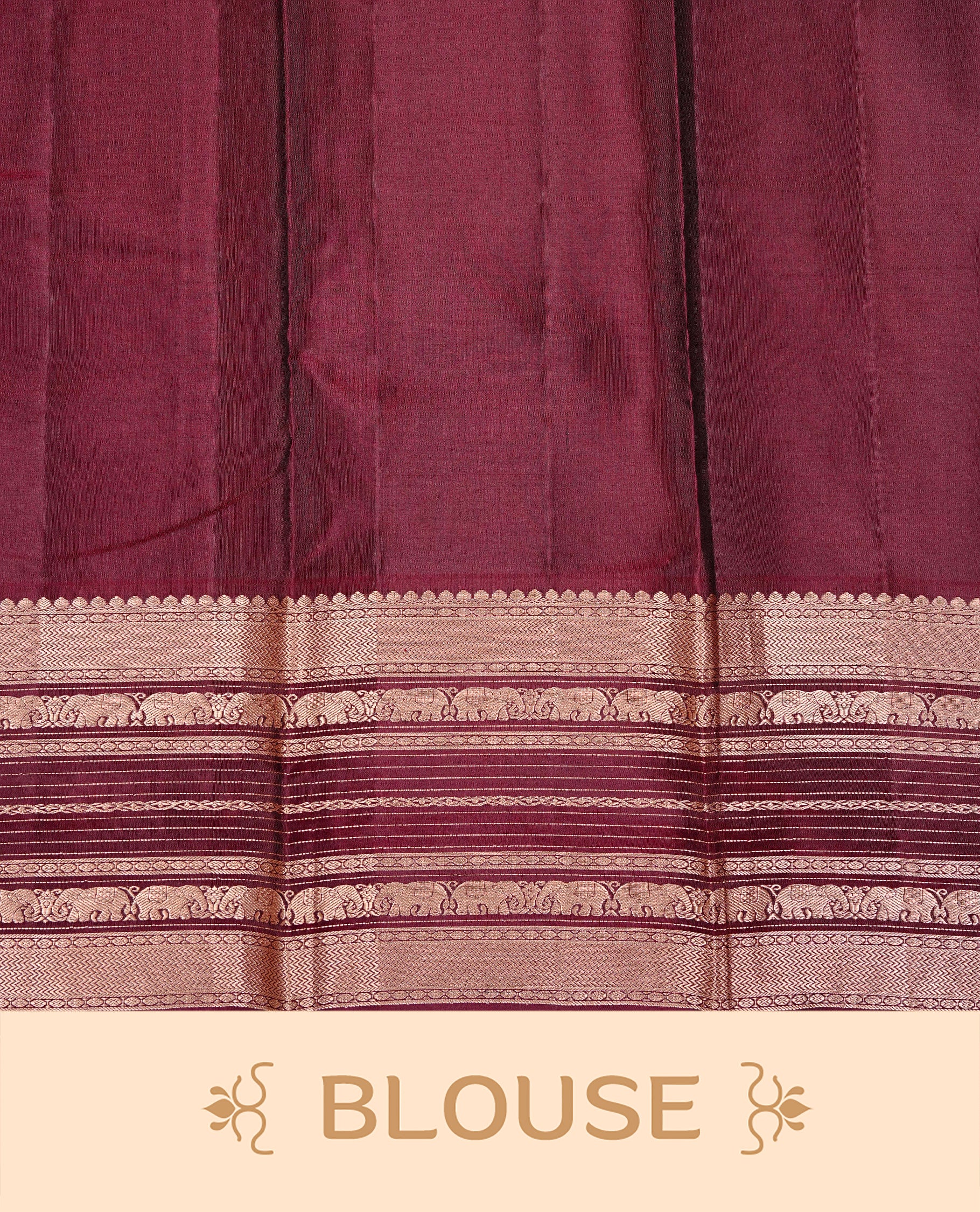 Bottle Green Colour Kancheepuram silk saree featuring gold zari motifs on body, highlighting Gold zari Elephant Traditional On contrast Maroon border, paired with Matching blouse piece.