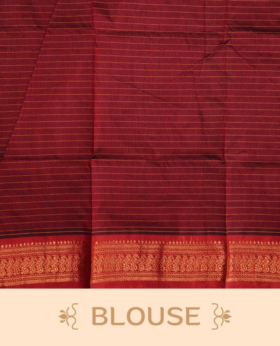 Blue colour kalyani cotton saree featuring gold zari check pattern on body, complemented by Maroon colour with Antique zari border, paired with matching blouse piece.
