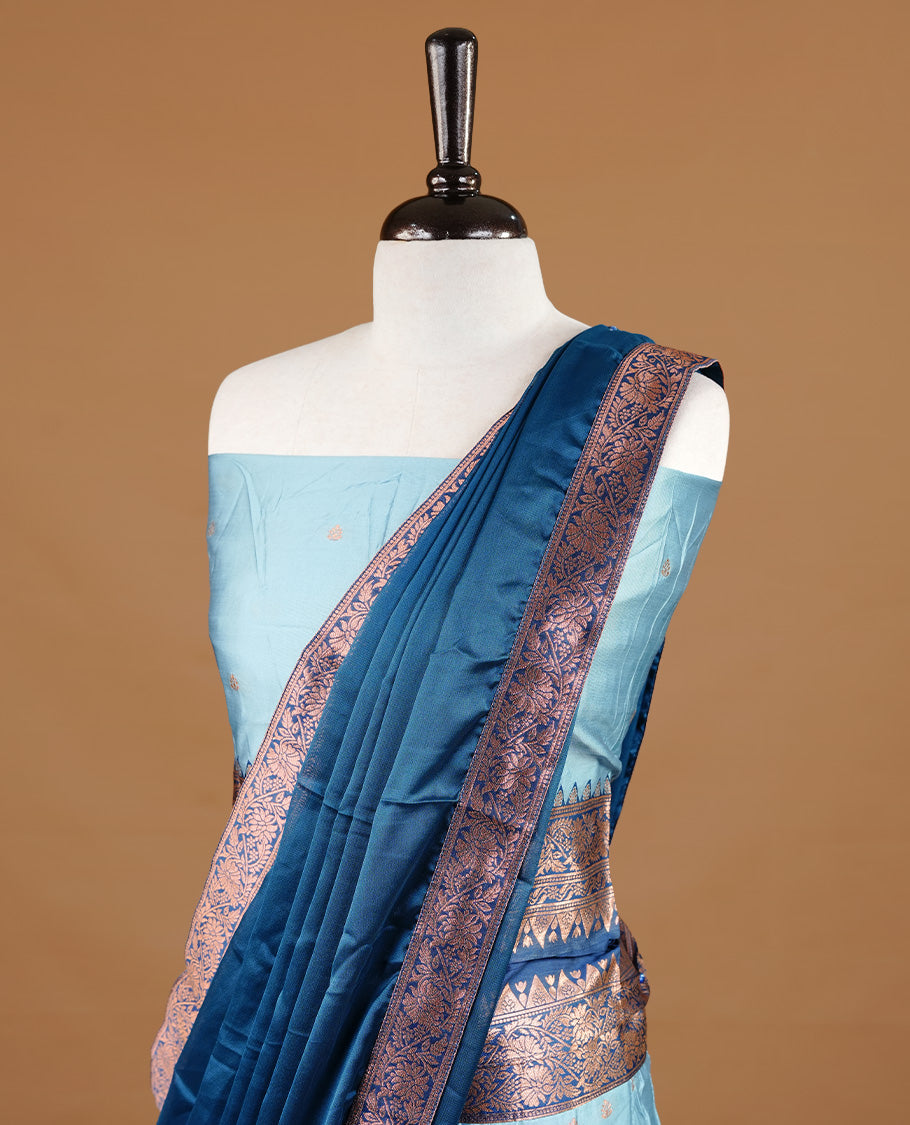 Aqua colour semi stitched Half saree featuring contrast Dark teal colour with antique zari traditional border skirt, paired with matching zari border dupatta, unstitched blouse piece
