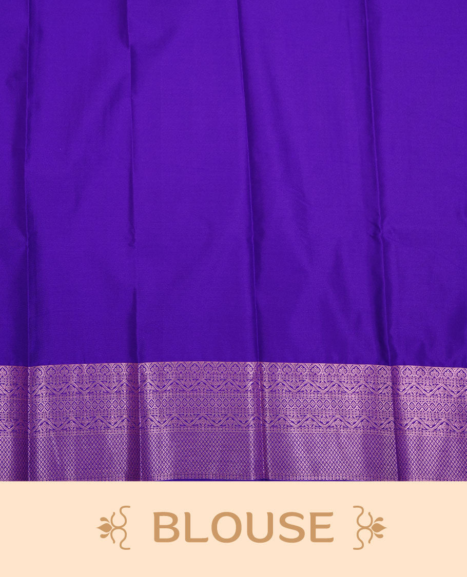 Indigo colour soft silk saree featuring rose Gold zari motifs on body, complemented by self colour with traditional border, paired with matching blouse piece.