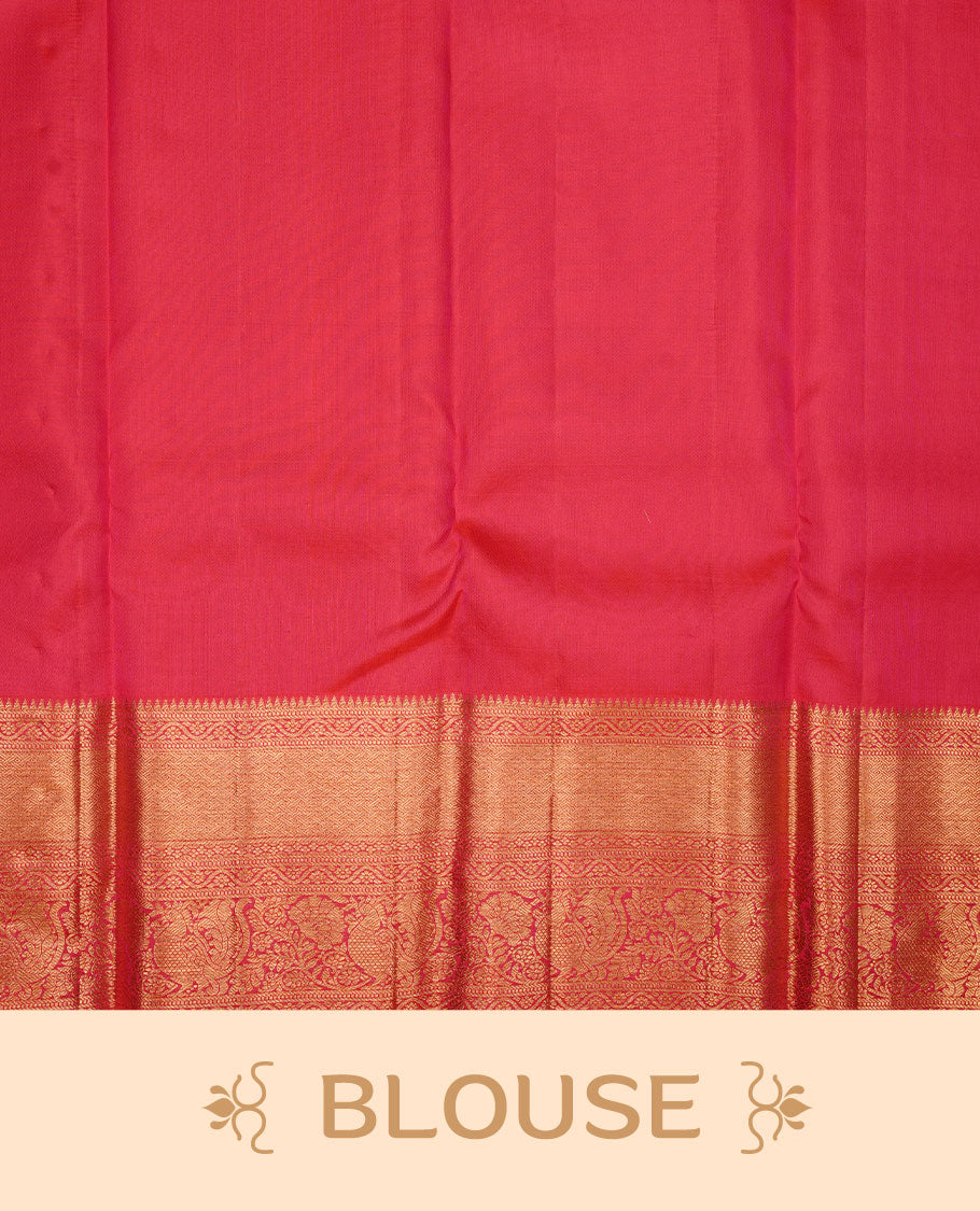 Red colour kancheepuram silk saree featuring gold zari pattern across body, complemented by selfcolour border traditional zari border, paired with matching blouse piece.