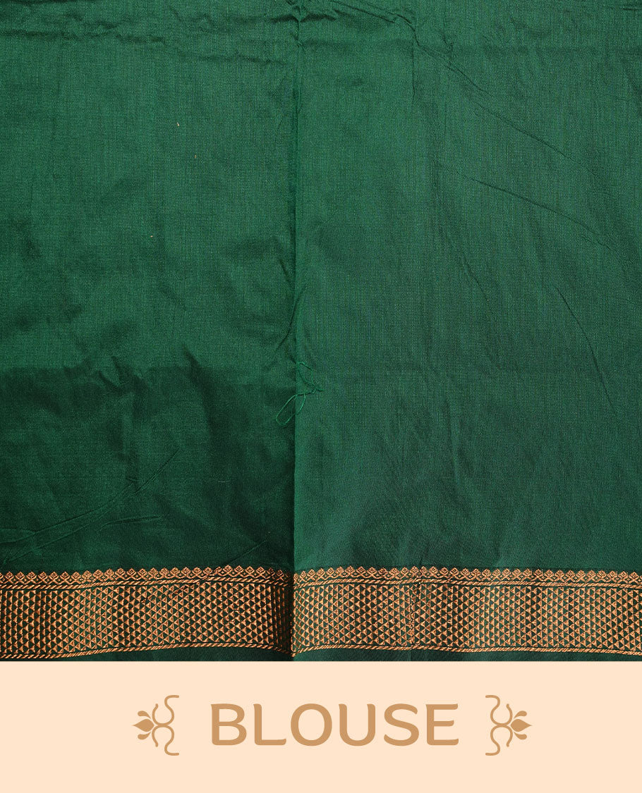 Dark green colour kalyani cotton saree featuring gold zari motifs on body, complemented by selfcolour with Antique zari border, paired with matching blouse piece.
