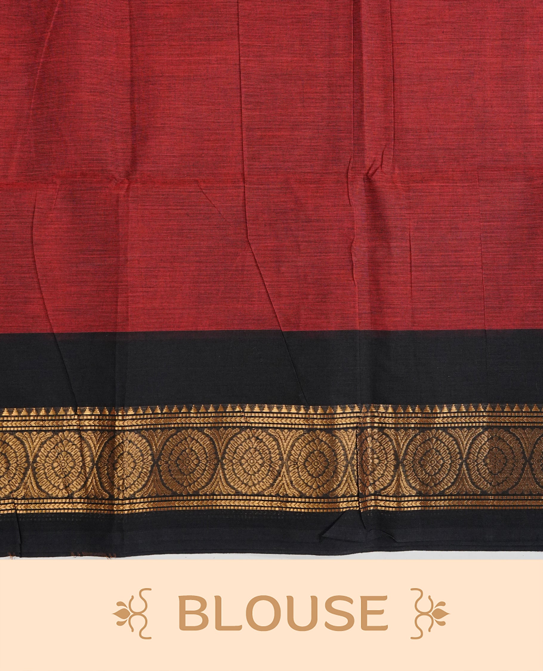 Brick Red Colour Chettinad Cotton Saree Featuring a Plain Body, Complemented by a Black Colour Border with Gold Zari & Contrast Striped Pallu, Paired with a Matching Blouse Piece.