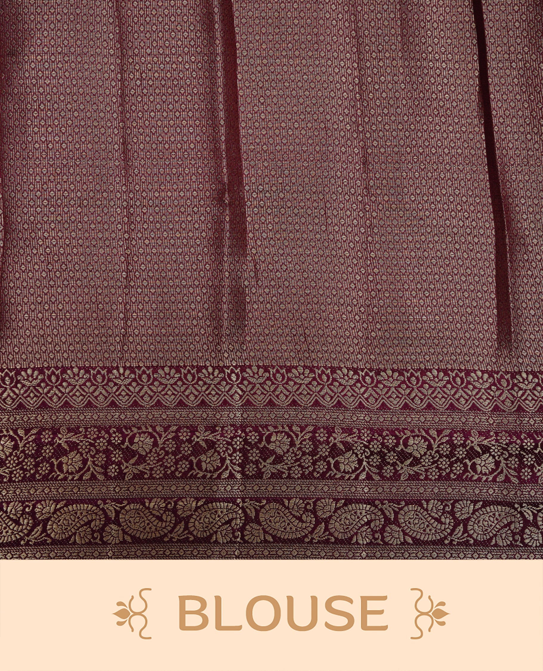 Burgundy colour semi Tussar silk saree featuring an elegant plain body, complemented by a self colour border adorned with traditional gold zari floral kodi patterns. Comes paired with a matching blouse piece.