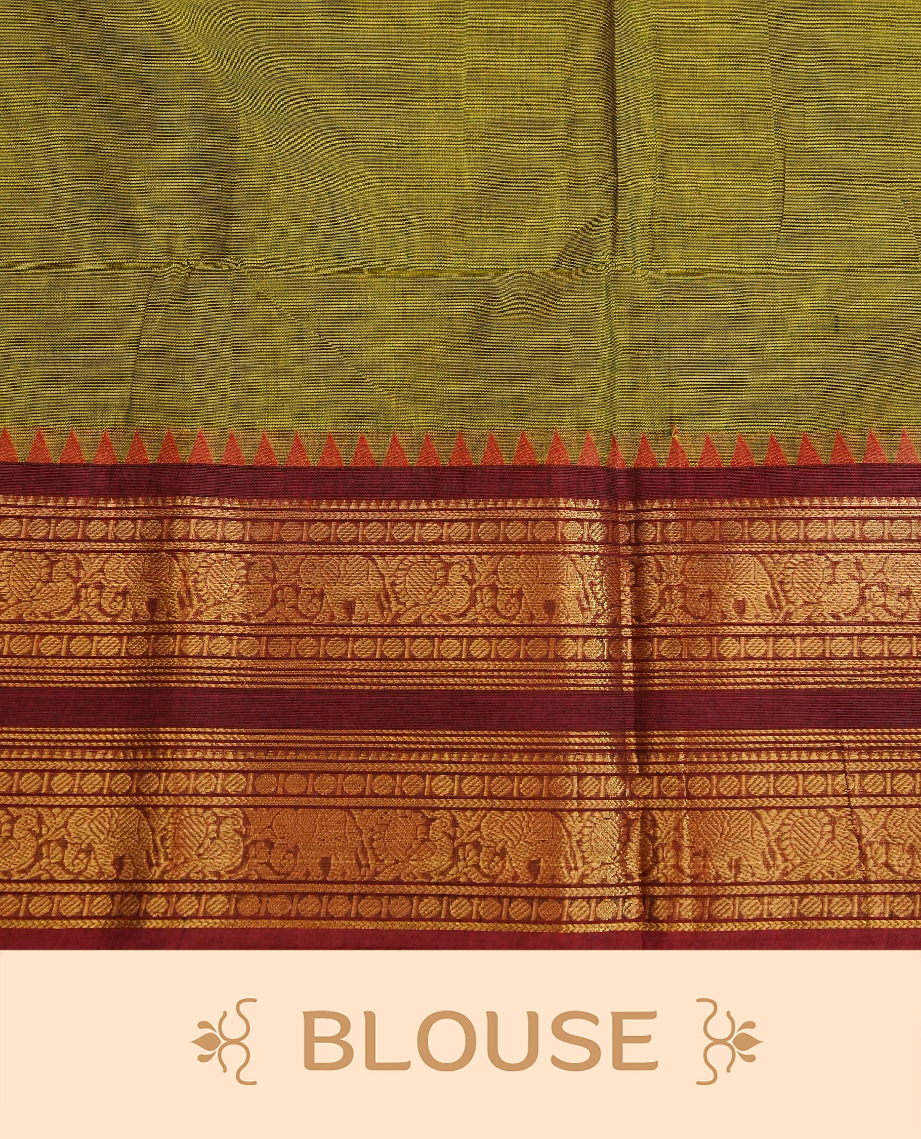 Olive colour chettinad cotton saree featuring Elegant plain body,contrast Maroon colour with Gold zari border, comes with matching blouse piece.