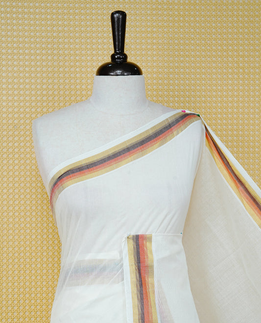 Cream colour Cotton kerala saree featuring Classy Plain body, complemented by Gold with Brown  & Orange zari border & Pallu, paired with matching blouse piece.