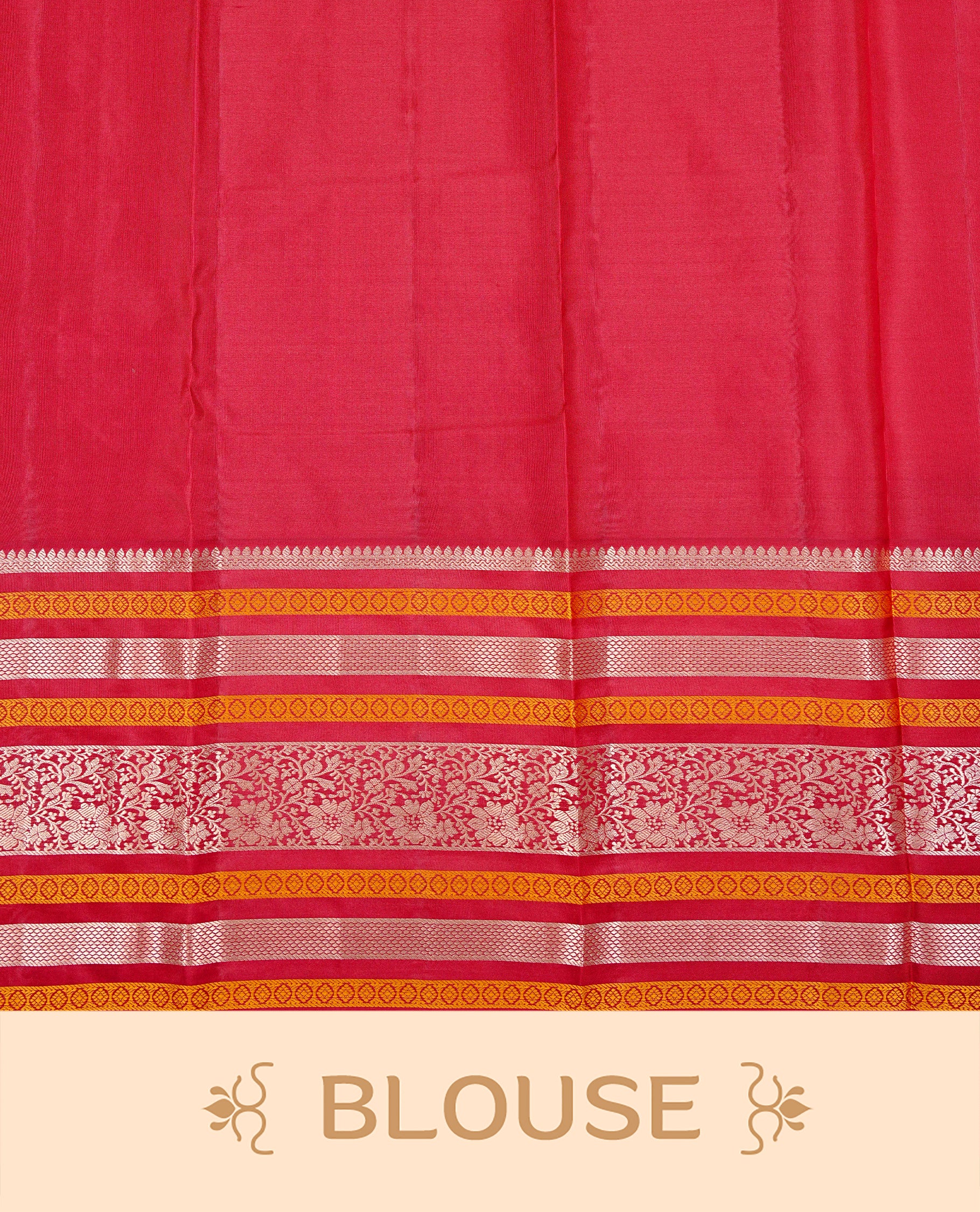 Cream colour kancheepuram silk saree featuring Gold zari peacock Motifs on body, highlight Maroon colour with gold zari & mustard stripe pattern border, paired with a matching blouse piece.