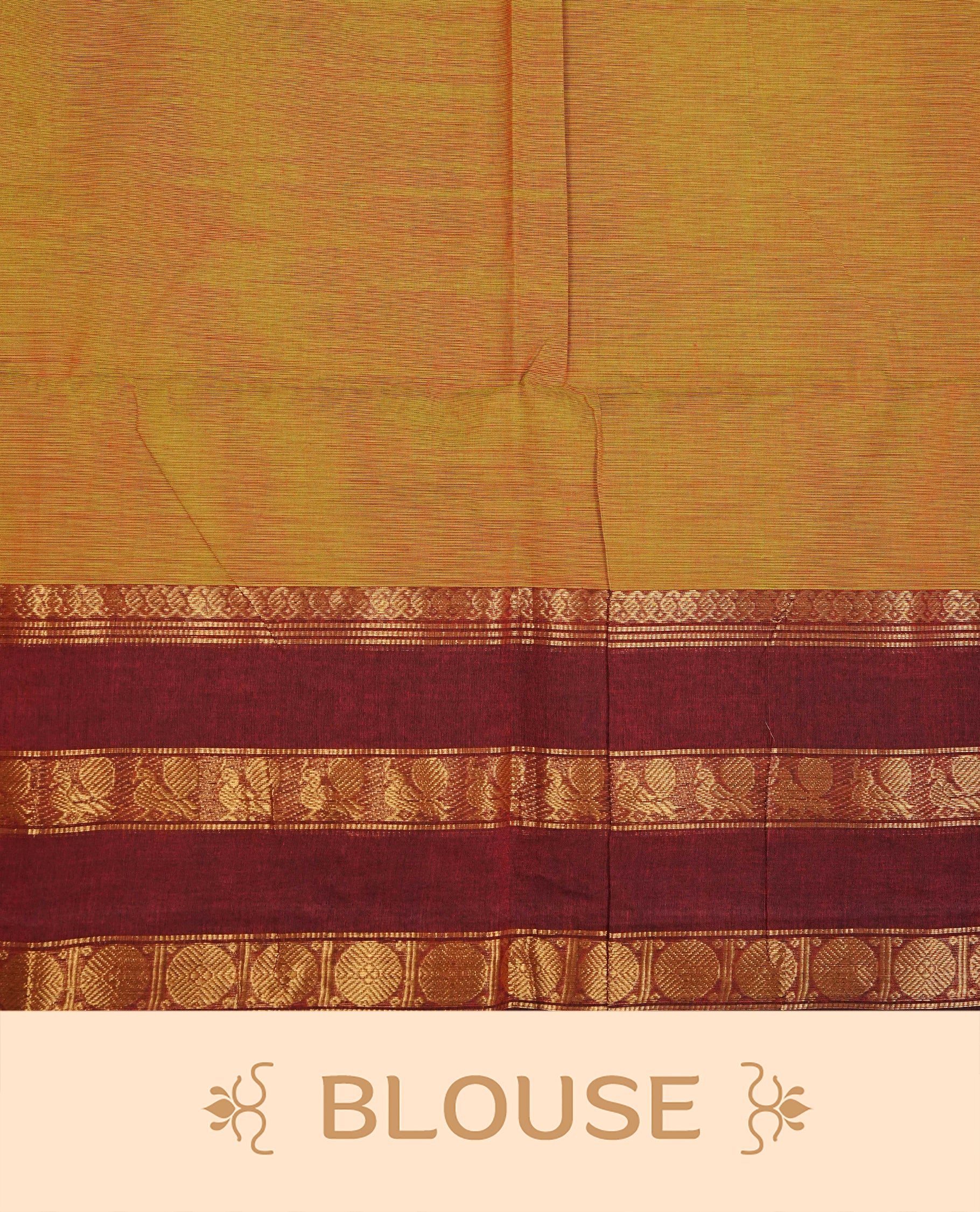 Olive Colour Chettinad Cotton Saree Featuring a Plain Body, Complemented by a Maroon Colour Border with Gold Zari and a Contrast Striped Pallu, Paired with a Matching Blouse Piece.