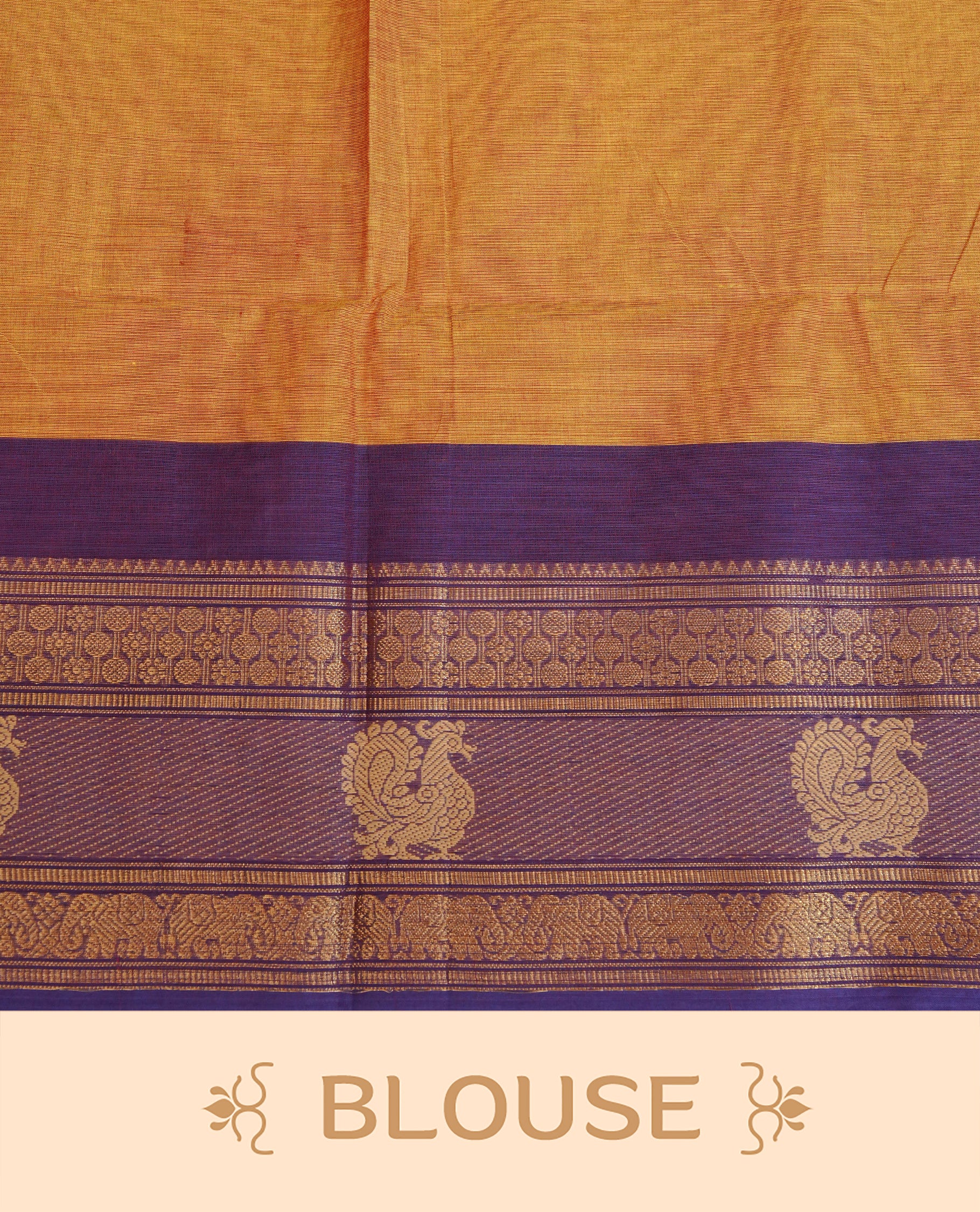 Olivr & Red Colour Chettinad Cotton Saree Featuring a Plain Body, Complemented by a Violet Colour Border with Peacock Pattern Gold Zari, Paired with a Matching Blouse Piece.