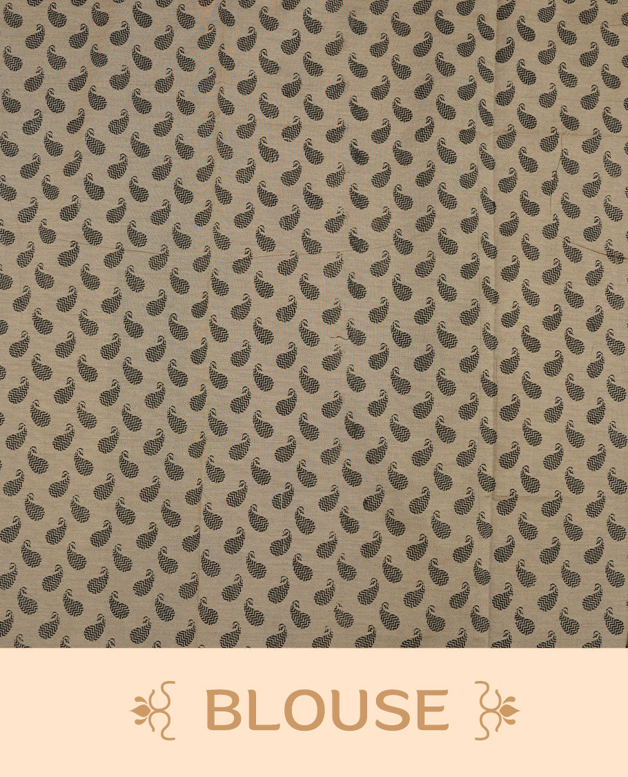 Dark Beige colour poly cotton saree with black floral butti motifs on the body, paired with a matching pallu featuring black ornate floral jaal and stripes on the border, and a coordinated all‑over black paisley printed blouse piece.