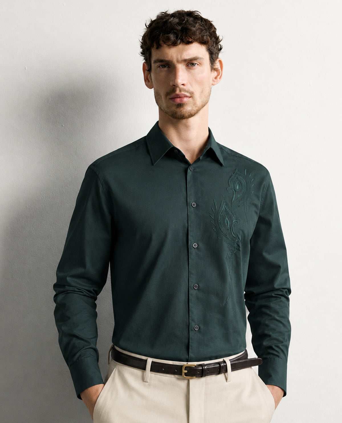 Dark Green colour design shirt with Plain body, Full sleeve.