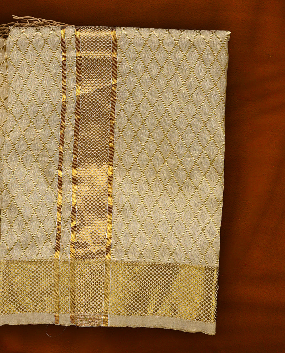 Fawn gold colour MINISTER WHITE jacquard silk shirt featuring an elegant diamond weave pattern, paired with a matching golden zari bordered dhoti, creating a rich and festive traditional ensemble.