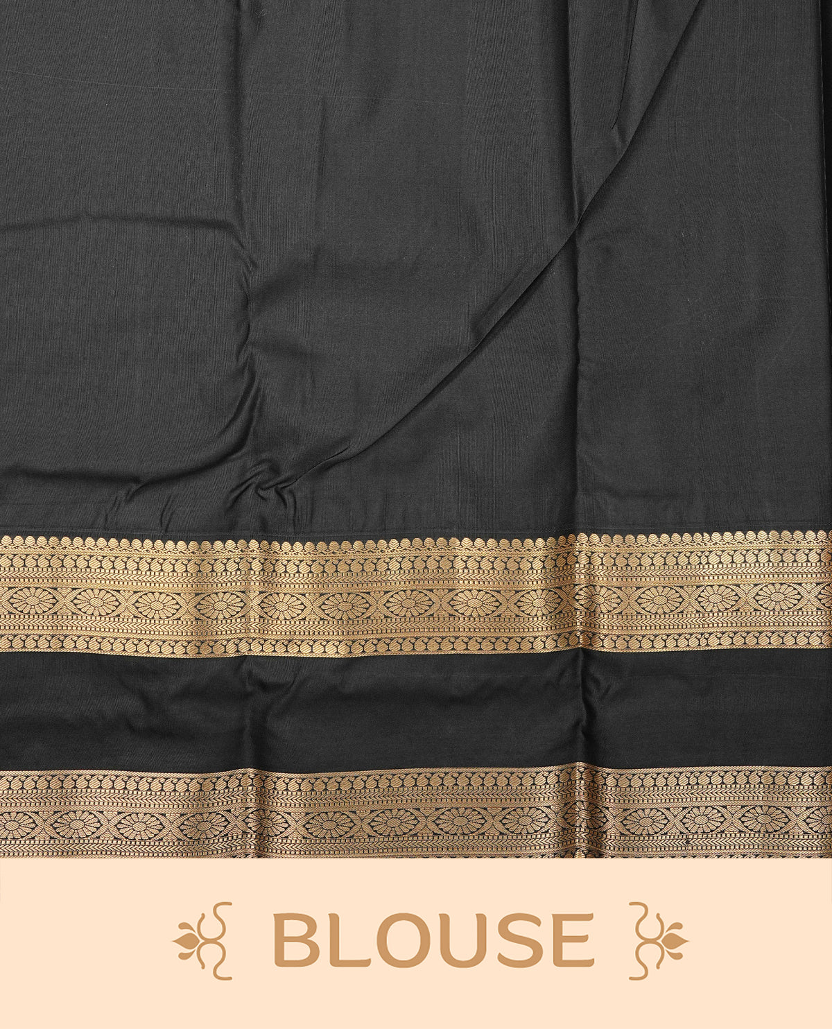 Beige colour semi wedding saree featuring gold zari Strips with motif across the body, complemented by black colour with traditional border. Comes with a matching blouse piece.